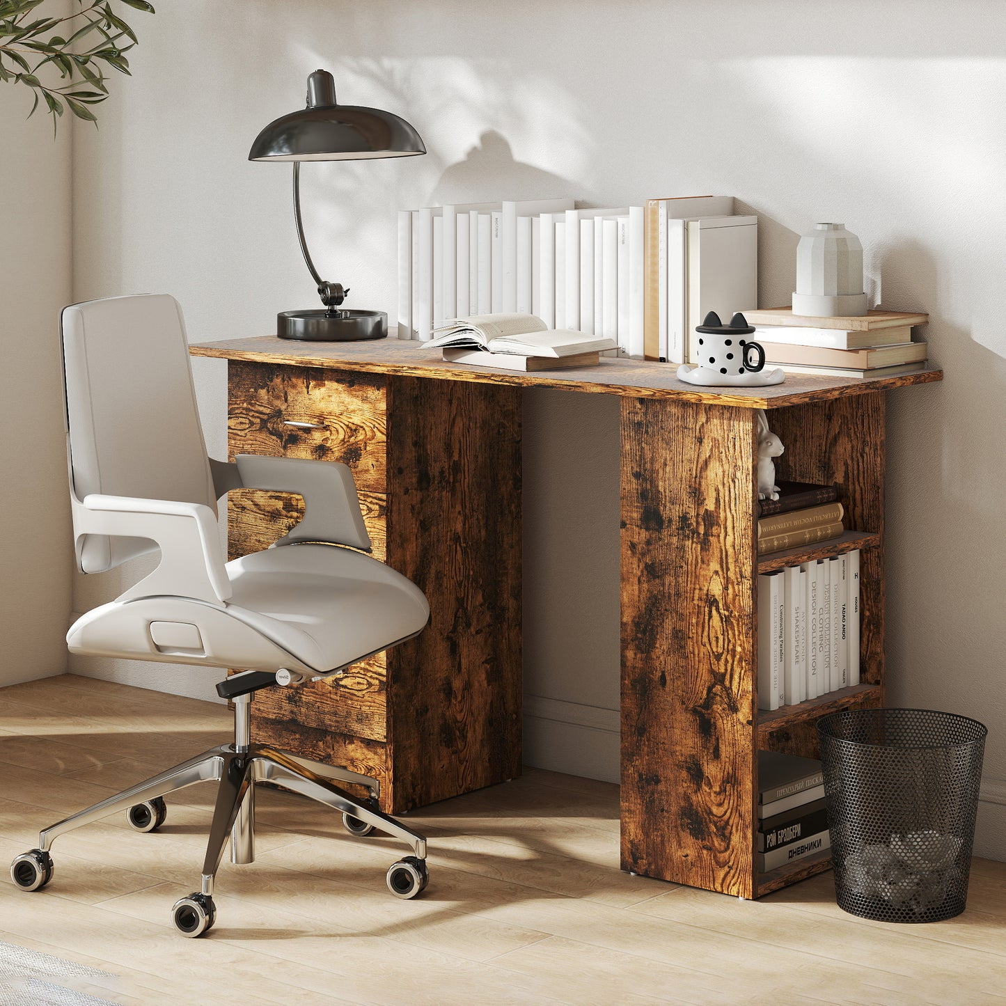 HOMCOM Computer Desk, Writing Table, PC Workstation with 3 Storage Shelves and Drawers, Silver Handle, for Home Office, Rustic Brown