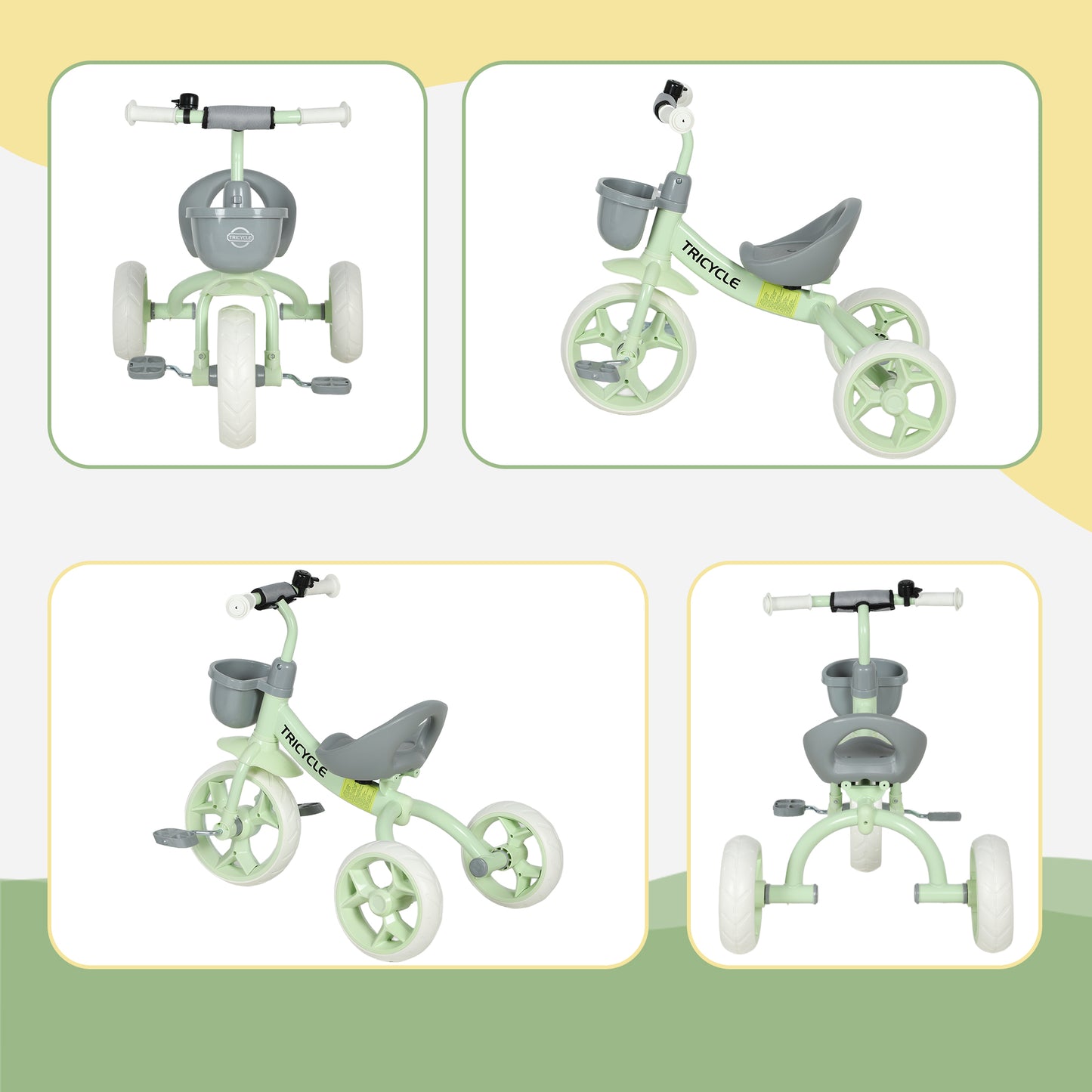 AIYAPLAY Kids Trike, Toddler Tricycle with Front Basket and EVA Wheels for Ages 2-5 Years, Indoor Outdoor for Boys Girls, Green