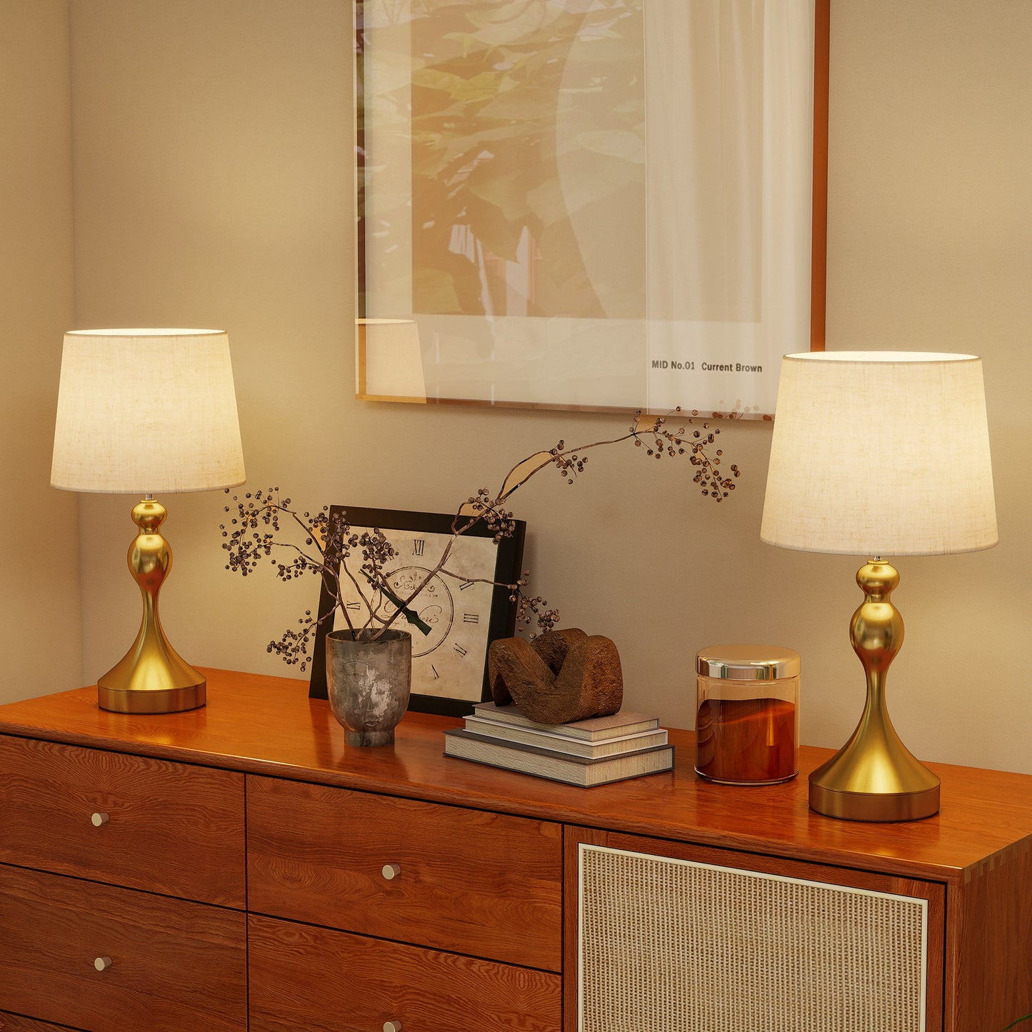 HOMCOM Bedside Lamps Set of 2, Modern Table Lamps with USB A+C Ports, 3 Colour Temps, Linen Shade for Living Room Bedroom Office, Gold Tone