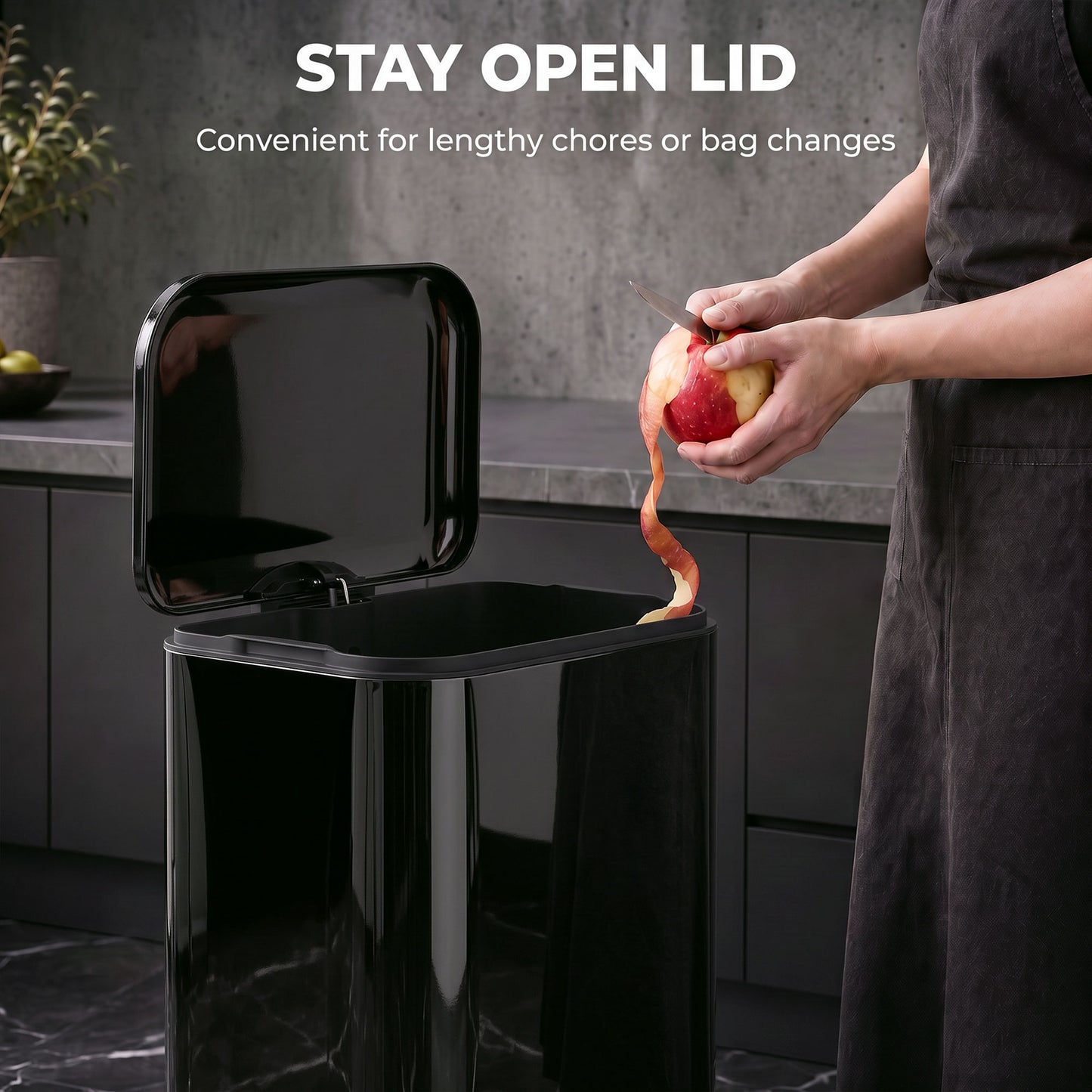 HOMCOM 50 L Kitchen Pedal Bin, Metal Rubbish Bin with Removable Inner Bucket, Soft-Close & Stay-Open Lid, High Gloss Black