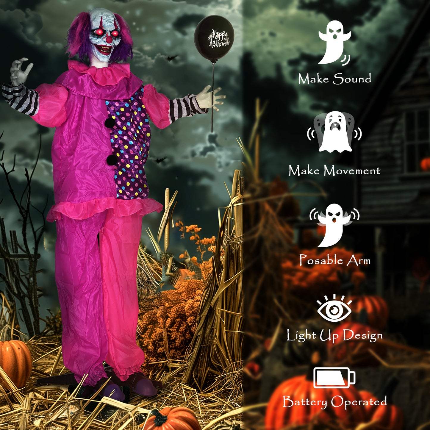 Outsunny Life Size Halloween Animated Clown with Light Up Eyes, Sound Activated, Moving Body, Battery Operated, Indoor Props, 175 cm, Red Eyes