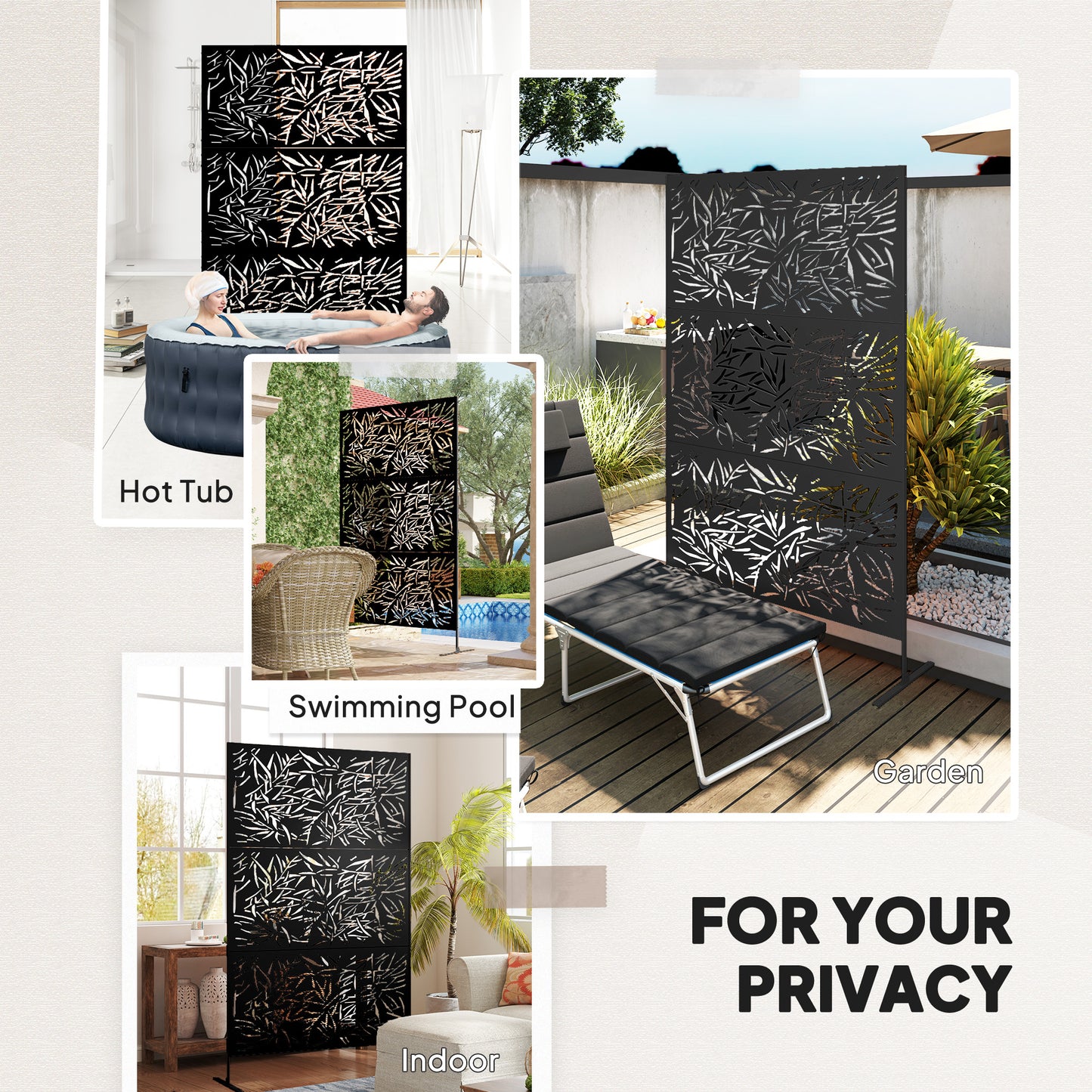 Outsunny Garden Privacy Screen with Stand, 6.5FT Metal Outdoor Divider, Privacy Panel with Expansion Screws, Bamboo Style, Black