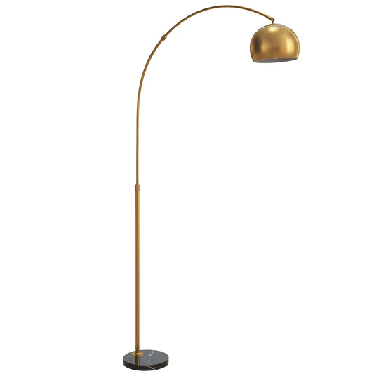 HOMCOM Arc Floor Lamp, 180cm, for Living Room, Home Office, Bedroom, Modern Style, Foot Switch, Faux Black Marble Base, Bell Shade, Gold Tone