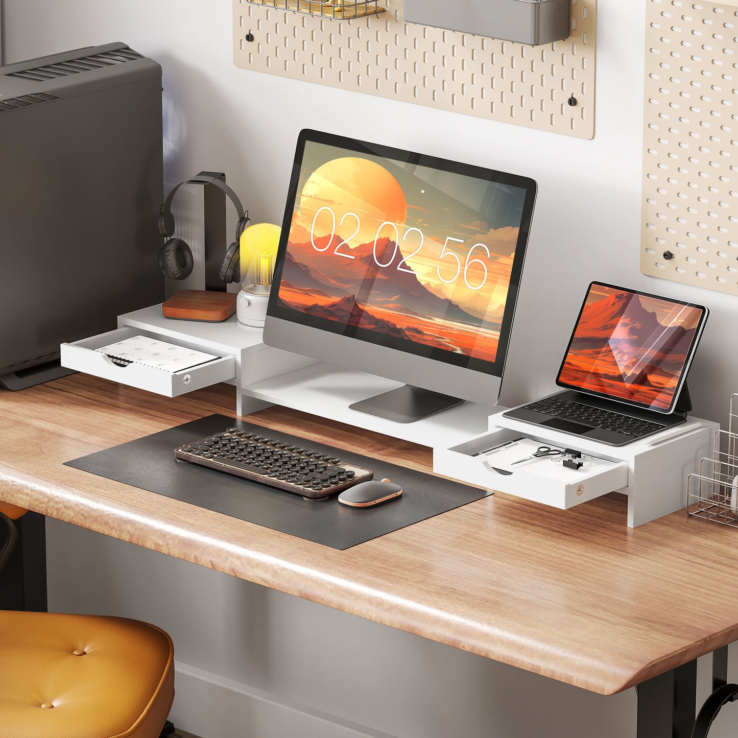HOMCOM Dual Monitor Stand Riser with 2 Drawers, White