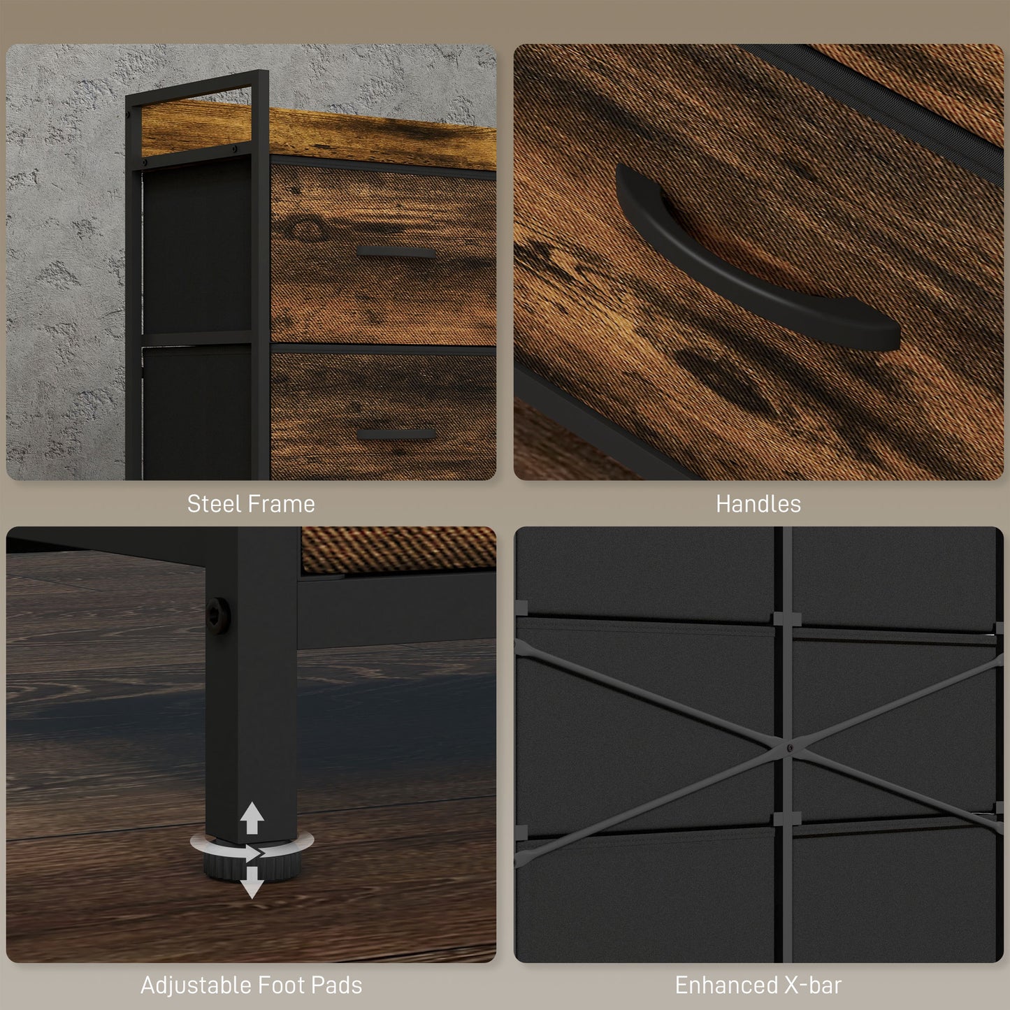 HOMCOM Rustic Chest of Six Fabric Drawers - Brown Wood Effect