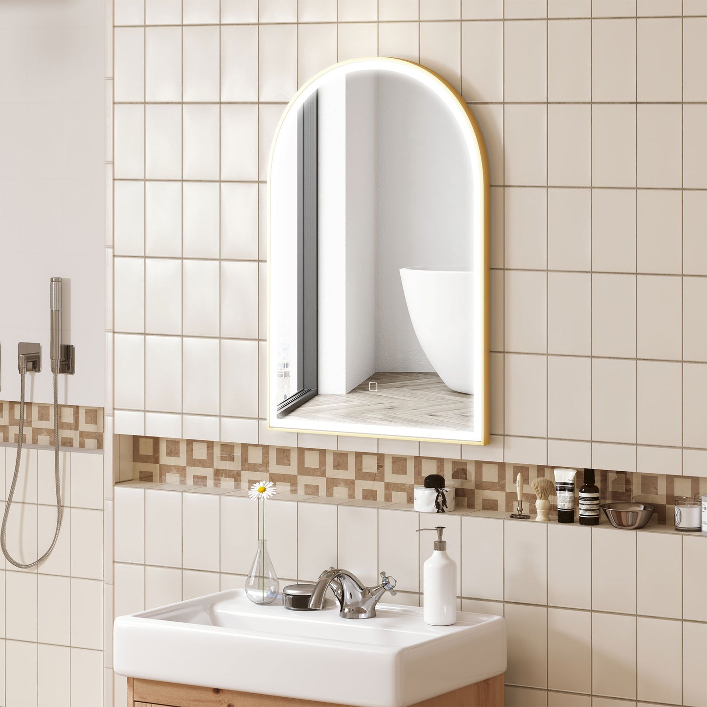 HOMCOM 90 x 60 cm Bathroom Mirror with LED Lights, Anti-Fog Arched Vanity Mirror with 3 Colour Dimmable, Gold Tone