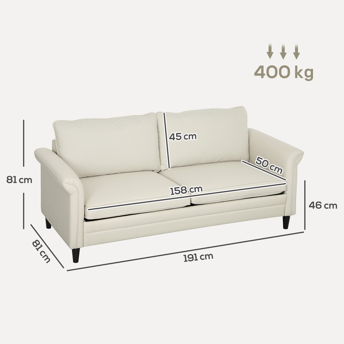 HOMCOM 3 Seater Sofa, Modern Fabric Couch with Spring Cushion, Rubber Wood Legs, 191cm for Living Room, Bedroom, Home Office, Cream White