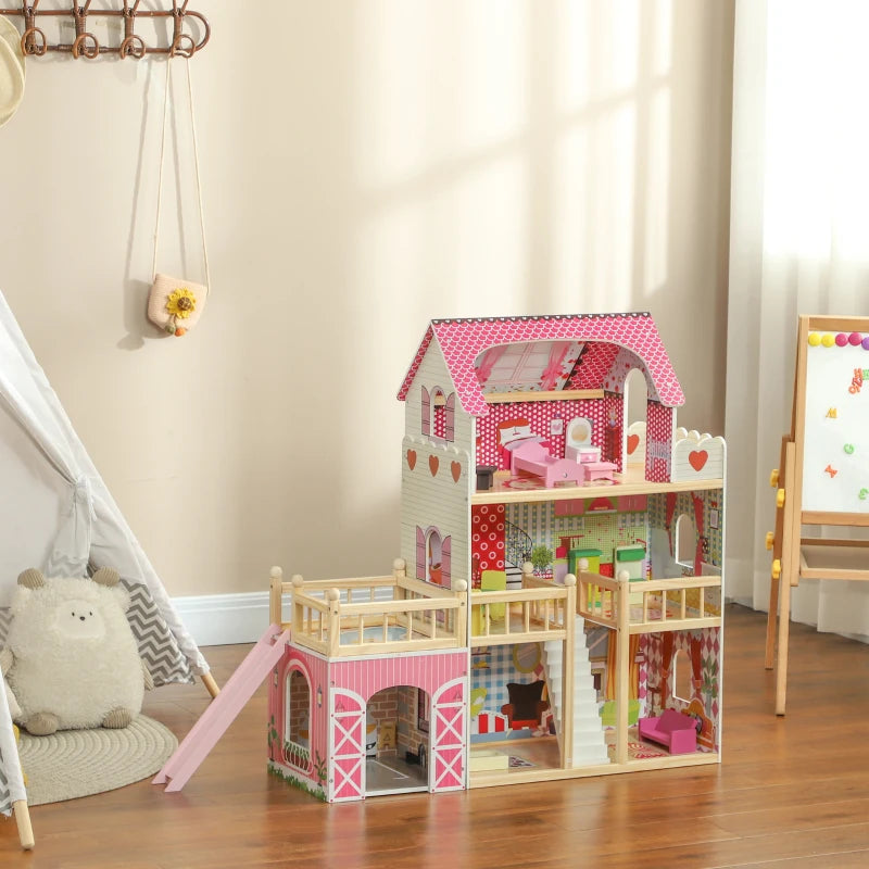 AIYAPLAY 3 Storey Dolls House Play Set with 13 Pieces Wooden Furniture and Accessories for 3-6 Years