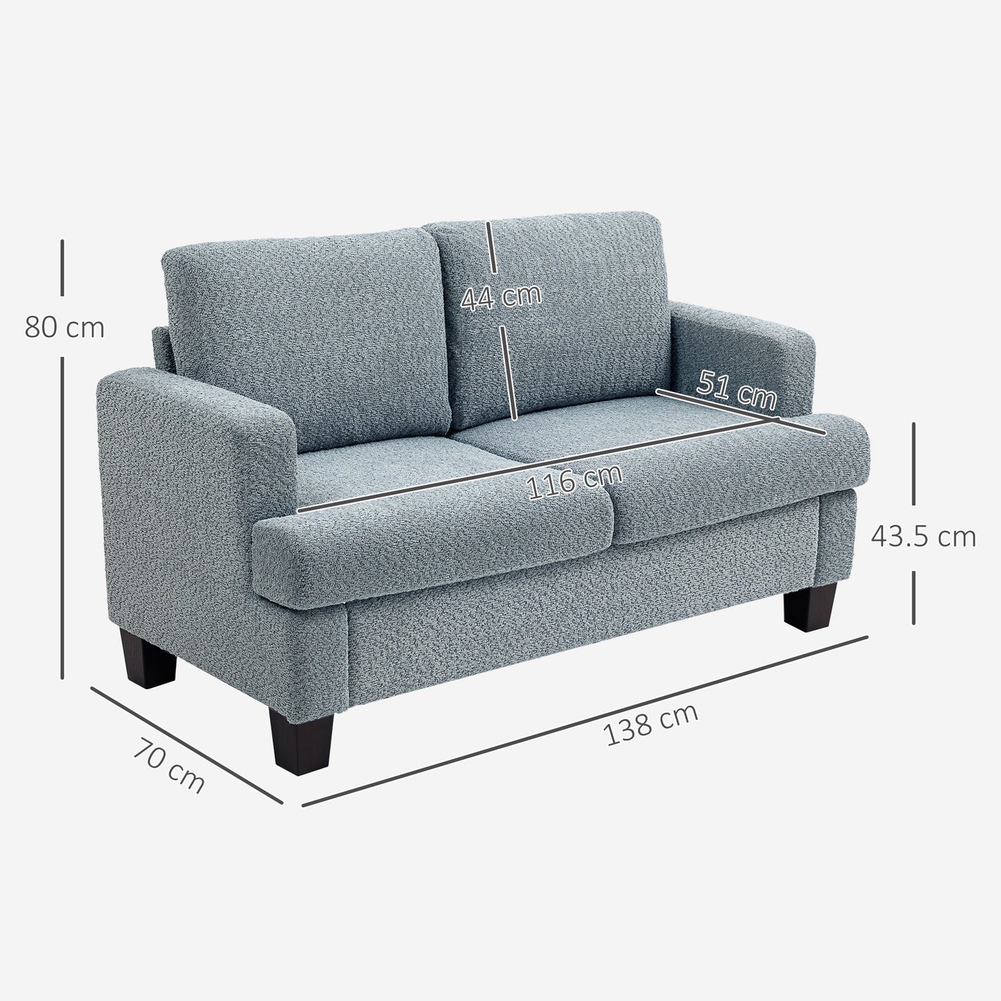 HOMCOM 2 Seater Sofa, 138 cm Loveseat with Removable Back Cushions, Chenille Fabric, S-springs, for Living Room/Bedroom/Office, Light Grey