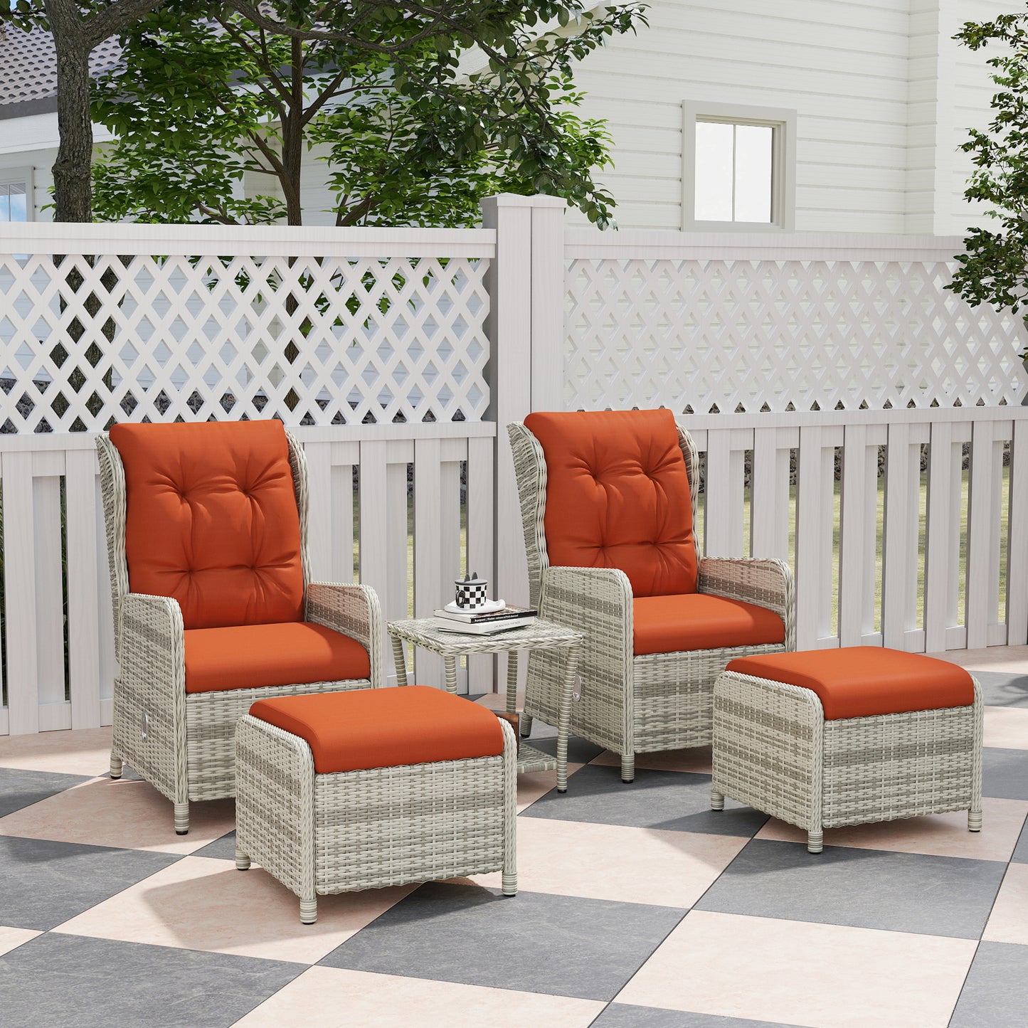 Outsunny 5-Piece Rattan Bistro Set: Reclining Chairs, Cushions, Glass Table, Footstools - Orange