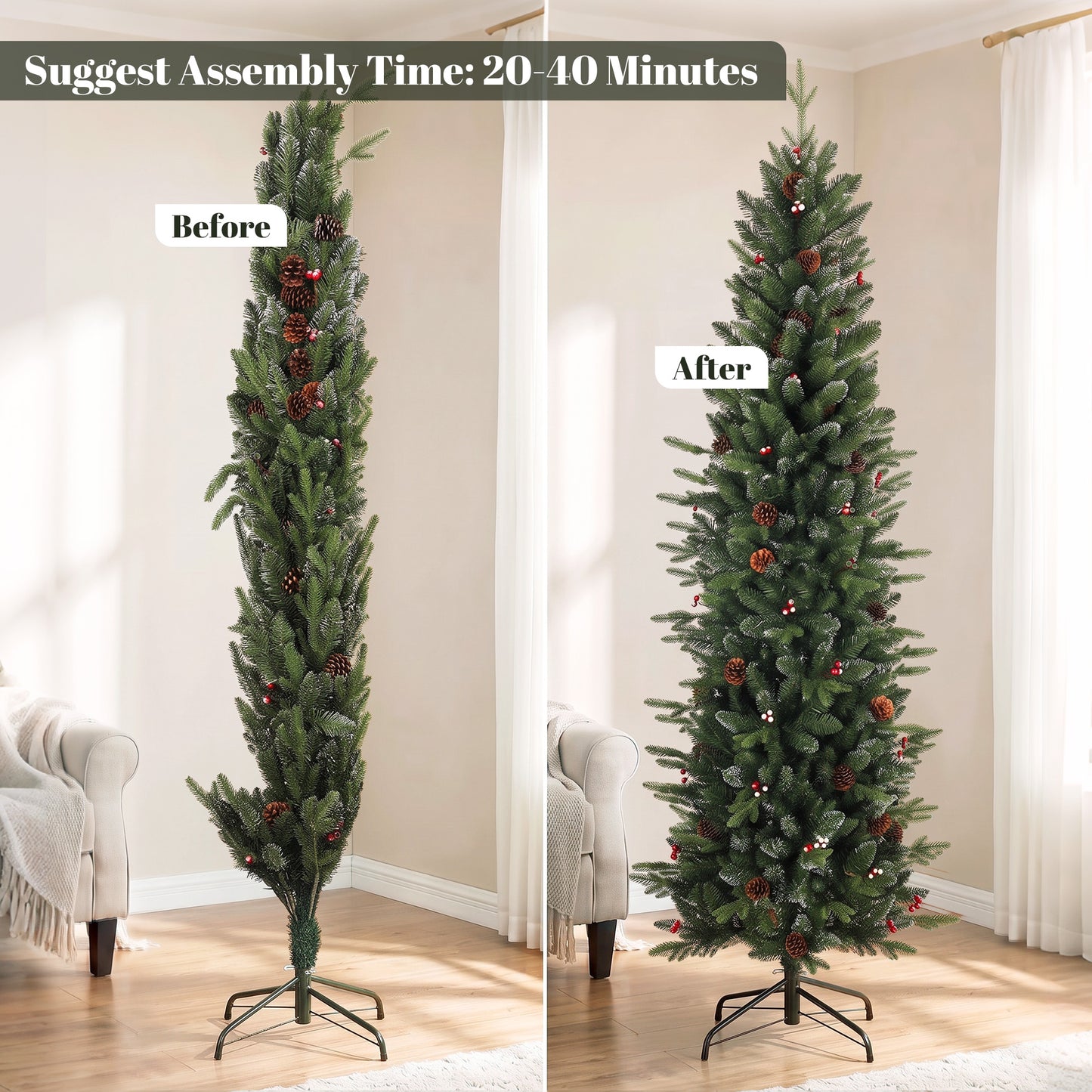 HOMCOM Slim Gracious Pine Xmas Tree, 7ft/210cm Artificial Christmas Tree with 904 Branch Tips, Foldable Steel Stand, Green