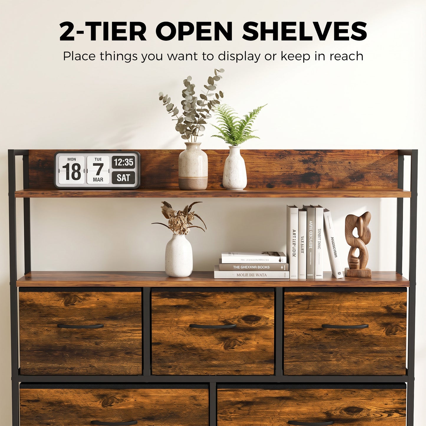 HOMCOM Chest of Drawers, Bedroom Fabric Dresser with 5 Drawers, Storage Organiser Unit with Open Shelves, Rustic Brown