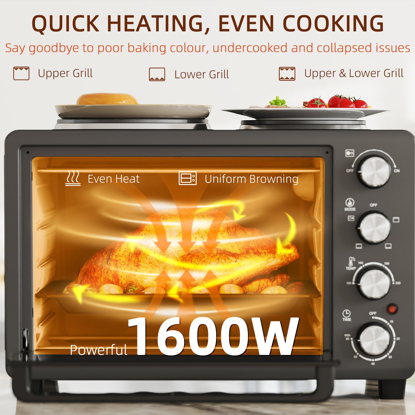 HOMCOM 28L Mini Oven with 2 Hot Plates, Toaster, Grill, Roast, Bake, Boil, Timer, 2600W, Black