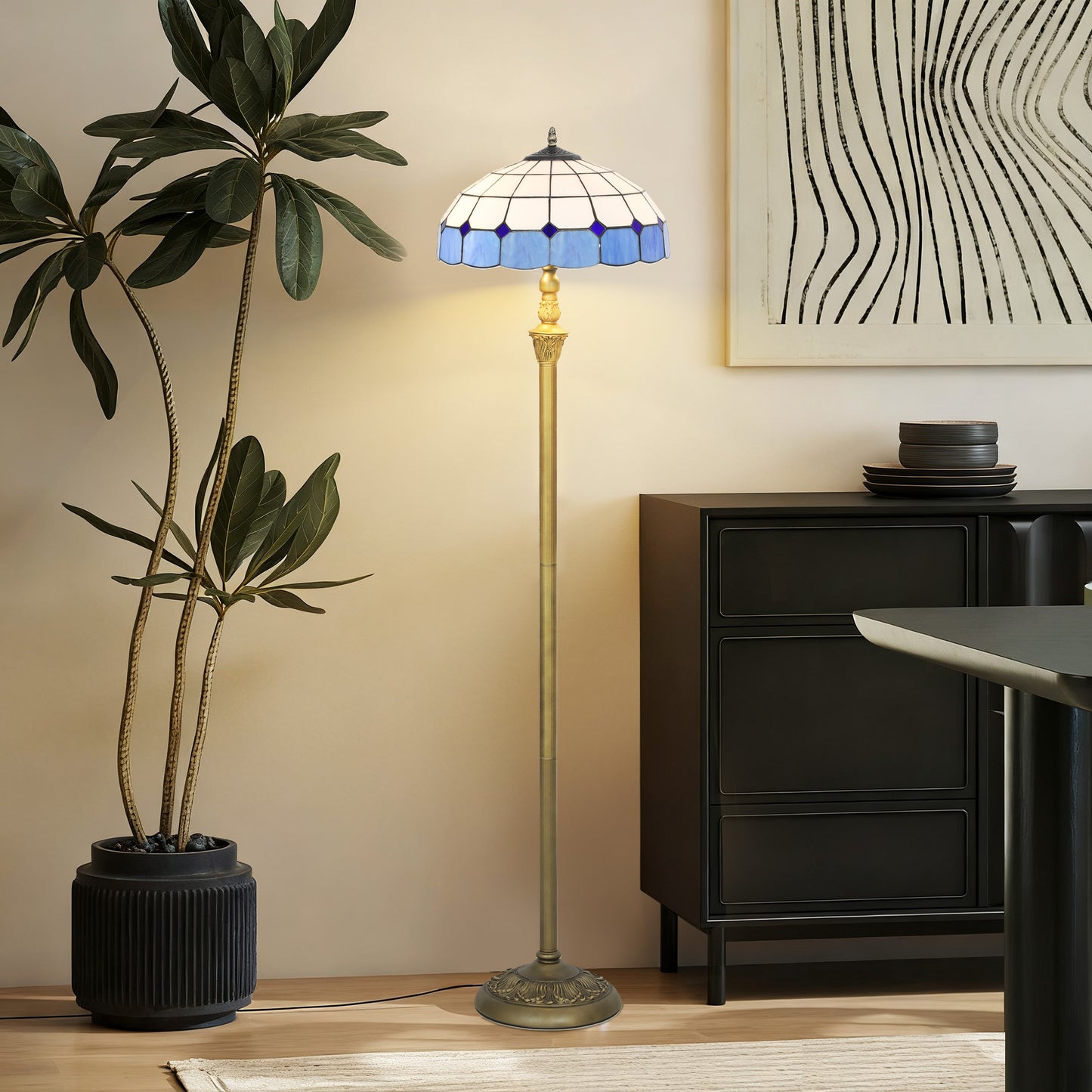 HOMCOM Tiffany-Style Floor Lamp, 152cm Vintage Standing Lamp with Stained Glass Shade & Foot Switch, Dual Sockets, Bronze Tone and Blue