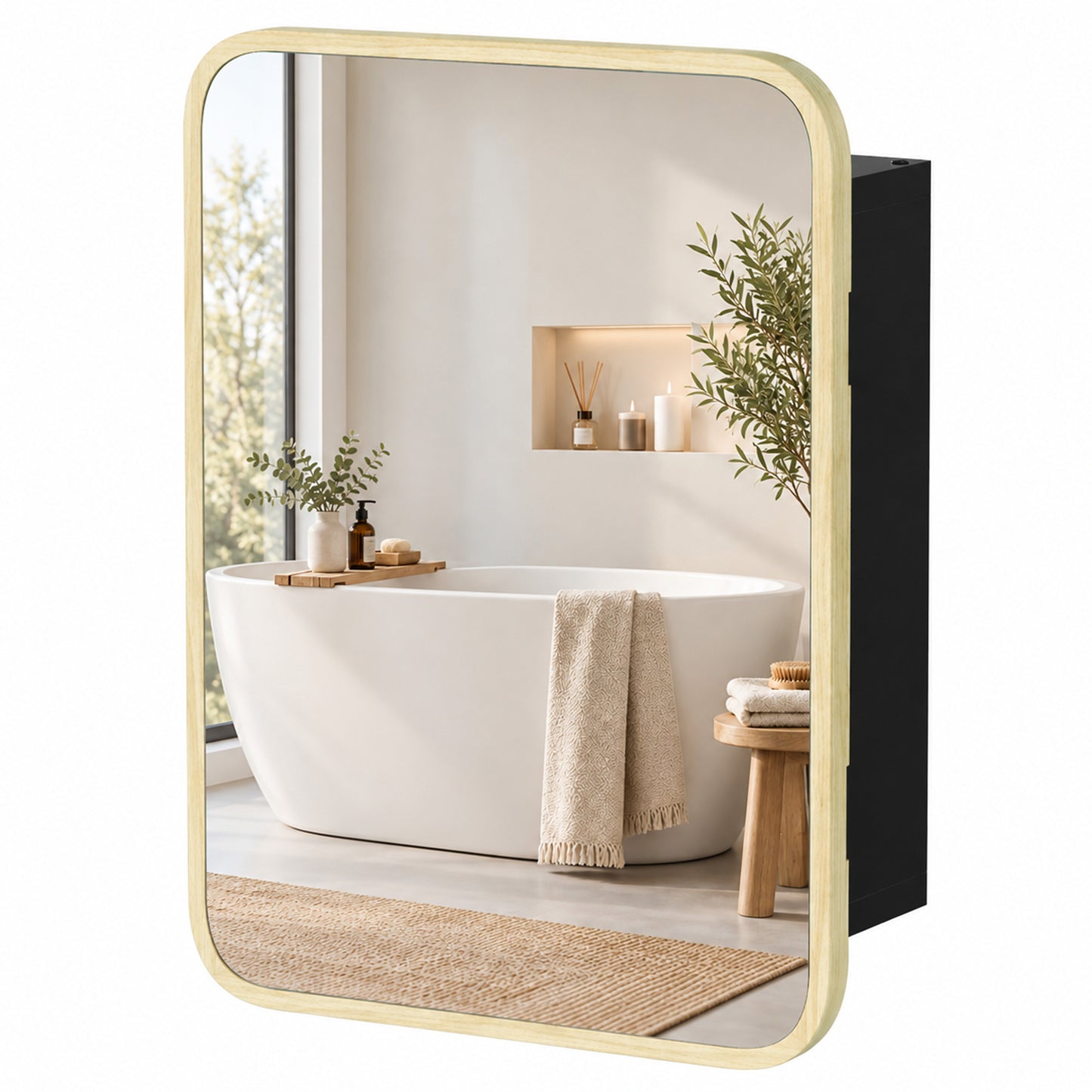 HOMCOM Bathroom Medicine Mirror Cabinet, Bathroom Wall Cabinet w/ Storage, Magnetic Door, Adjustable Shelf, Natural Wood Finish