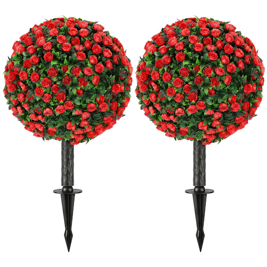 HOMCOM Artificial Rose Topiary UV Resistant, 2-Pack Fake Plants, 55 cm, Red