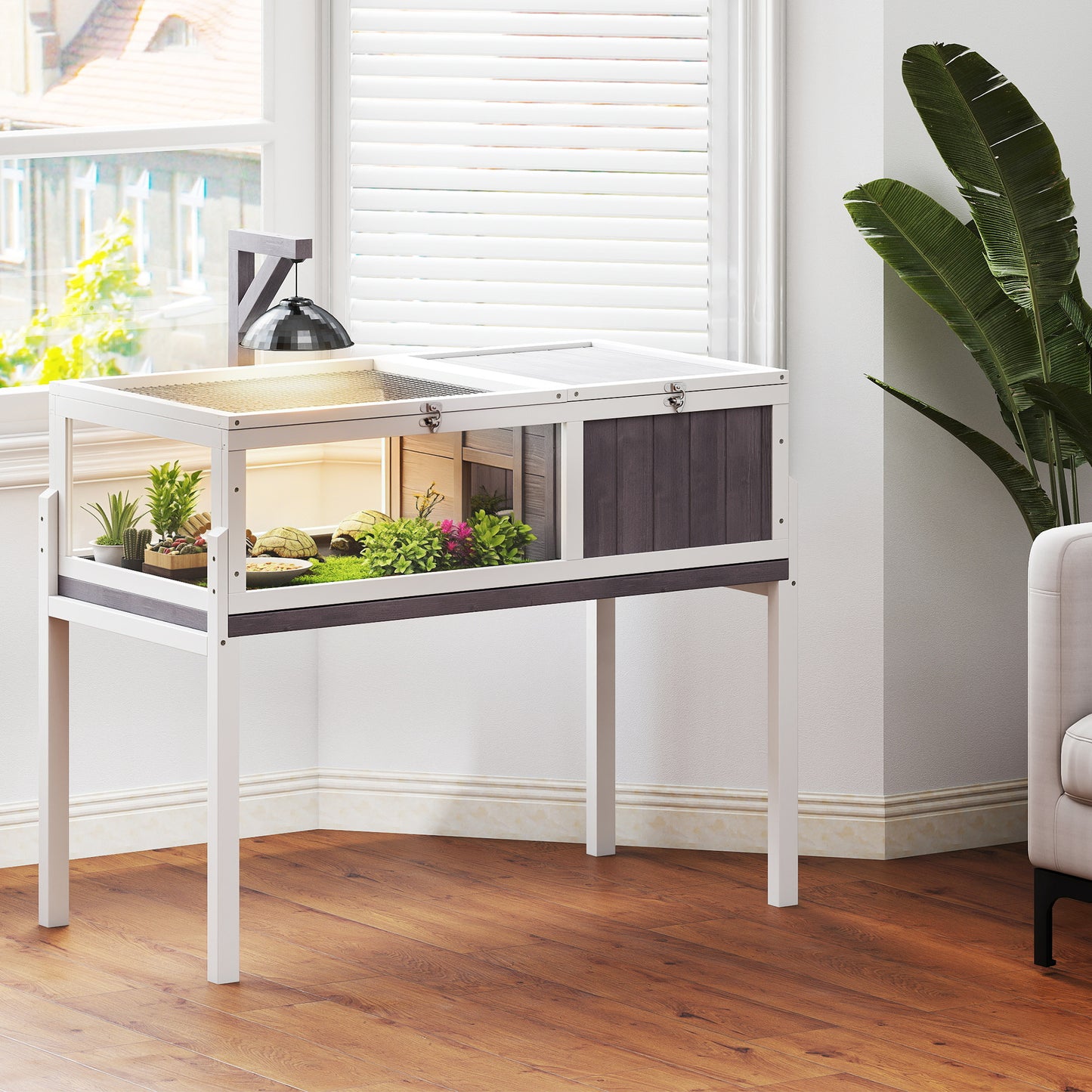 PawHut Turtle house enclosure 2 areas with lamp holder hinged roof sliding tray 104 x 53 x 82 cm gray