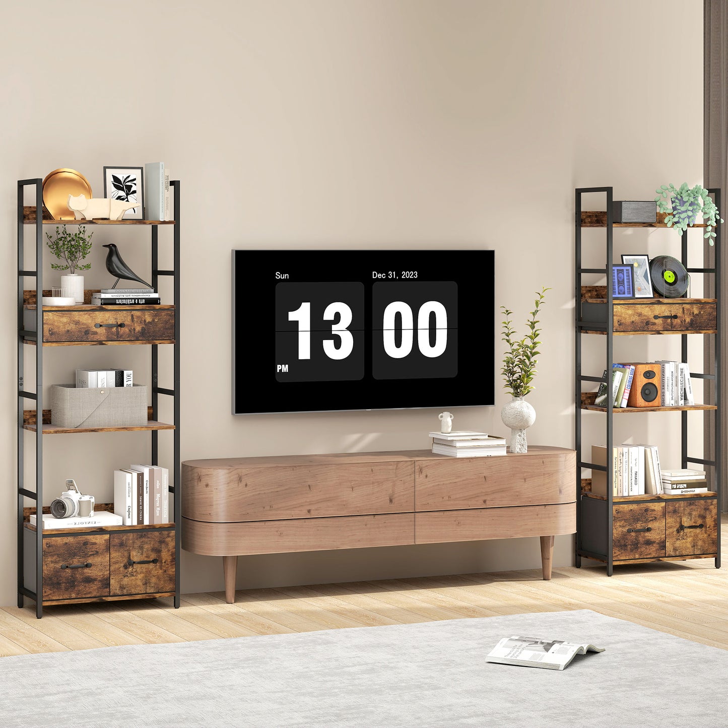 HOMCOM Industrial Bookcase, 6-Tier Tall Bookshelf with 3 Fabric Drawers - Rustic Brown