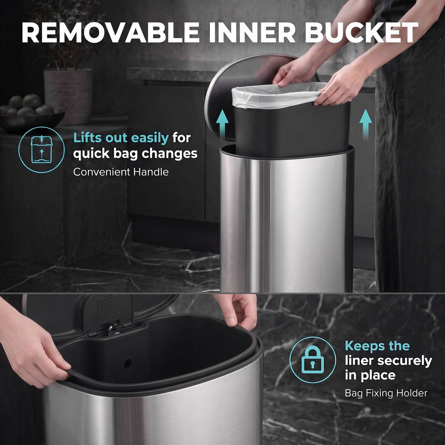HOMCOM 50L Kitchen Pedal Bin, Rubbish Bin with Soft-Close and Stay-Open Lid, Removable Inner Bucket, Silver Tone