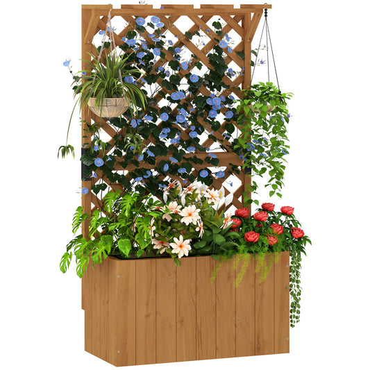 Outsunny Wooden Planter with Trellis, Raised Garden Bed with Drainage Holes and Liner for Vegetables, Herbs, Flowers, Natural