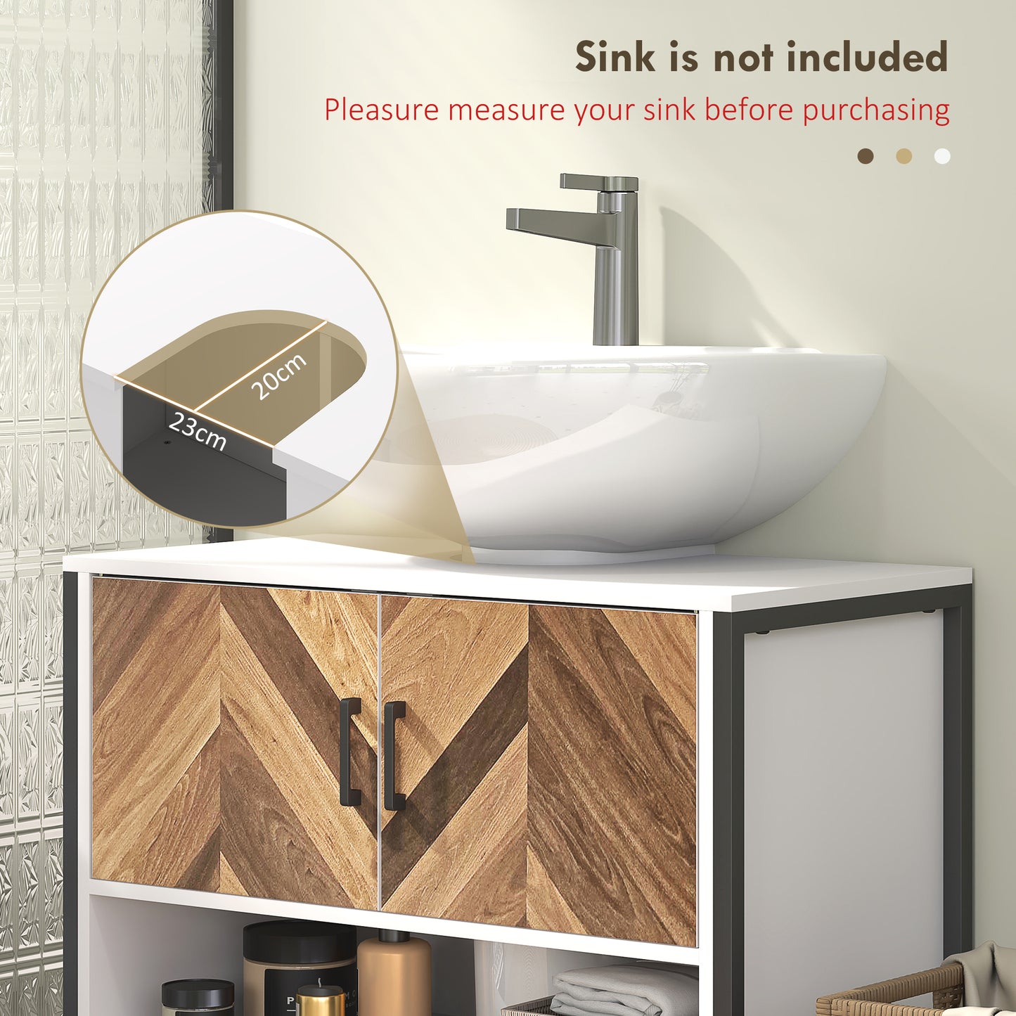 HOMCOM Under Sink Bathroom Cabinet, Rustic Herringbone Doors, 80 x 40 x 60 cm, White