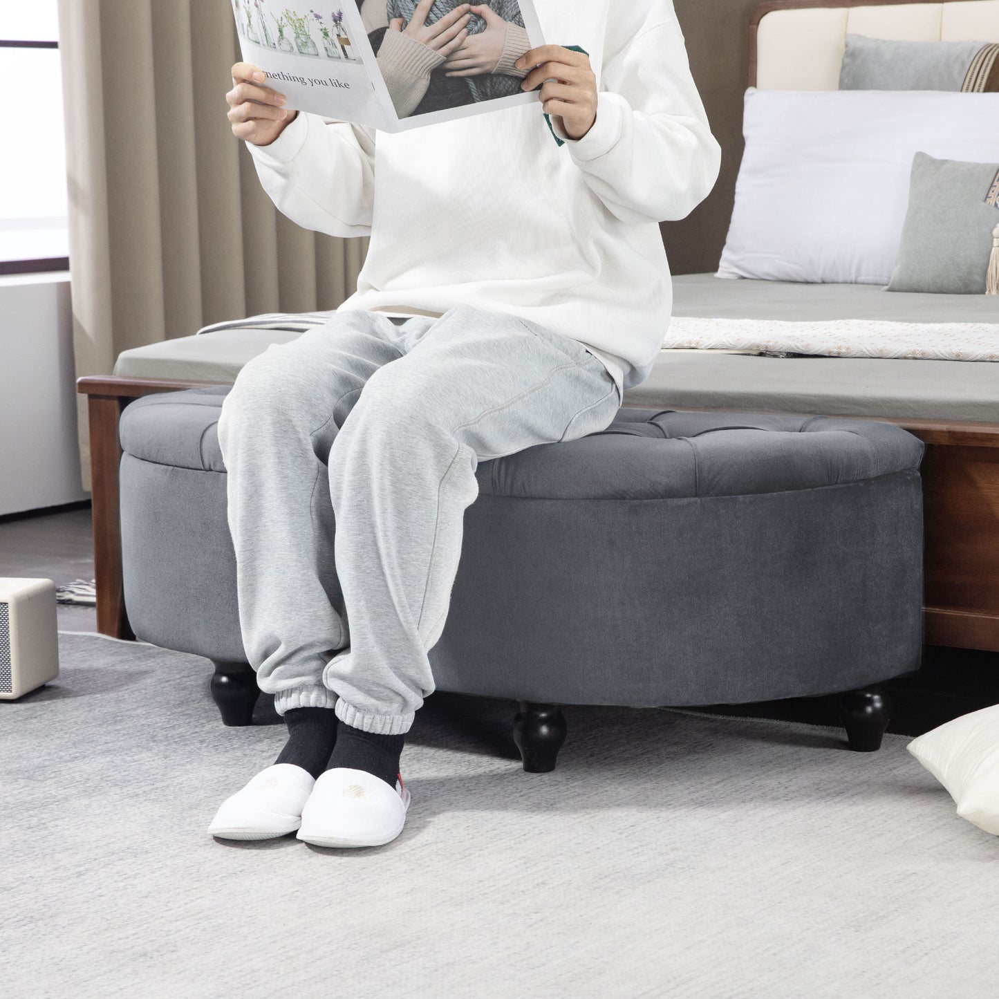 HOMCOM Tufted Semi-Circle Ottoman with Storage - Dark Grey