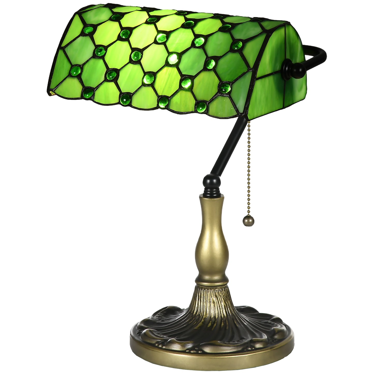 HOMCOM Tiffany Style Table Lamp with Green Shade, Metal Base, Pull Rope Switch