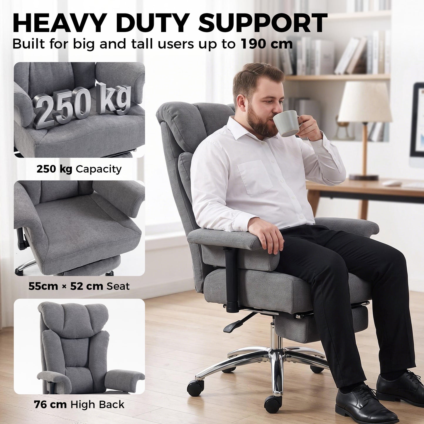 HOMCOM Big and Tall Office Chair, 250 kg Heavy Duty Executive Desk Chair with Adjustable Armrests and High Back, Dark Grey