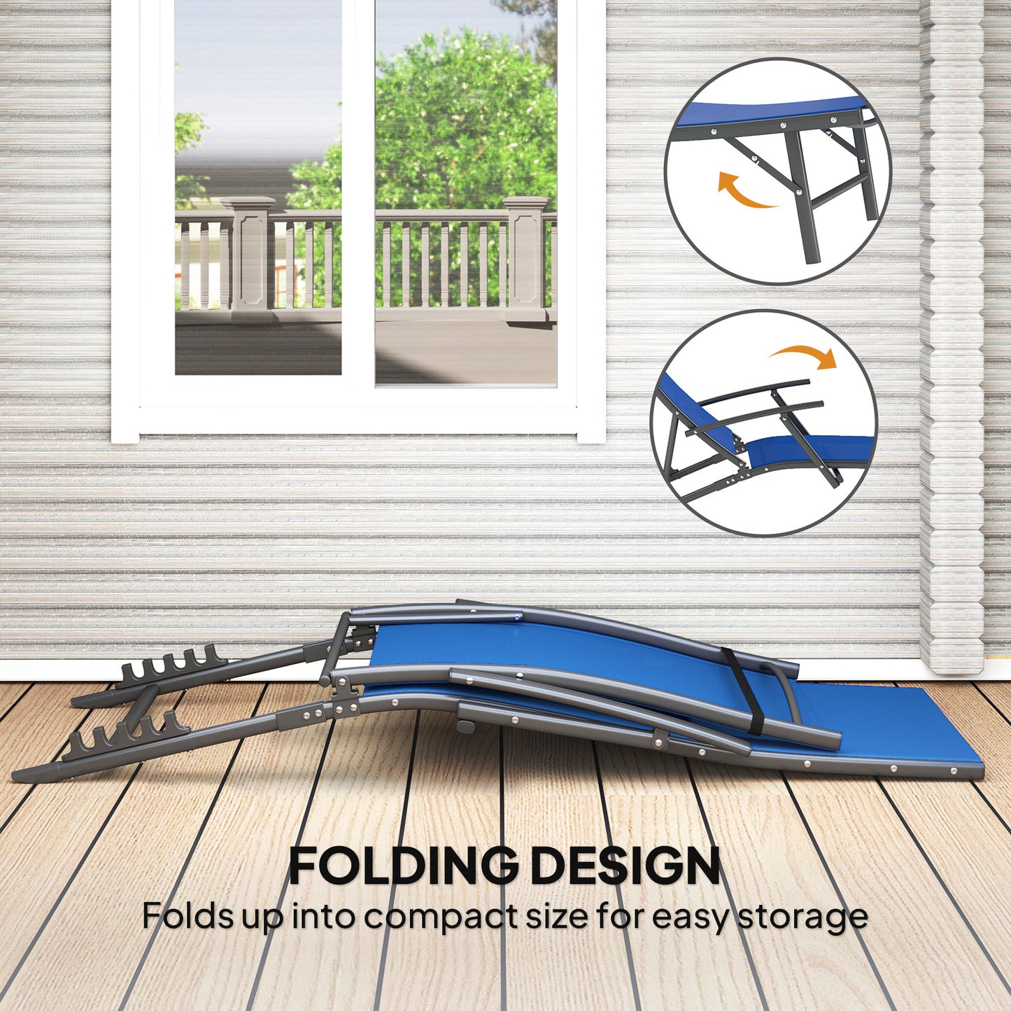Outsunny Set of 2 Folding Sun Loungers, 4-Position Adjustable with Armrests, Pillows, Steel Frame, Blue