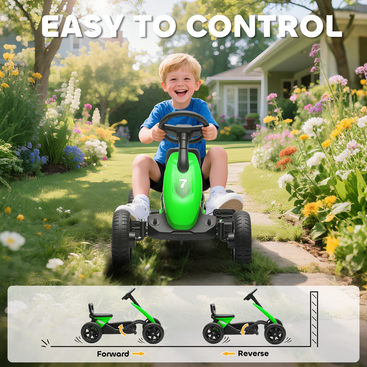 AIYAPLAY Pedal Go Kart for Kids 2-5 Years, with Silent EVA Wheels, Metal Frame, Green