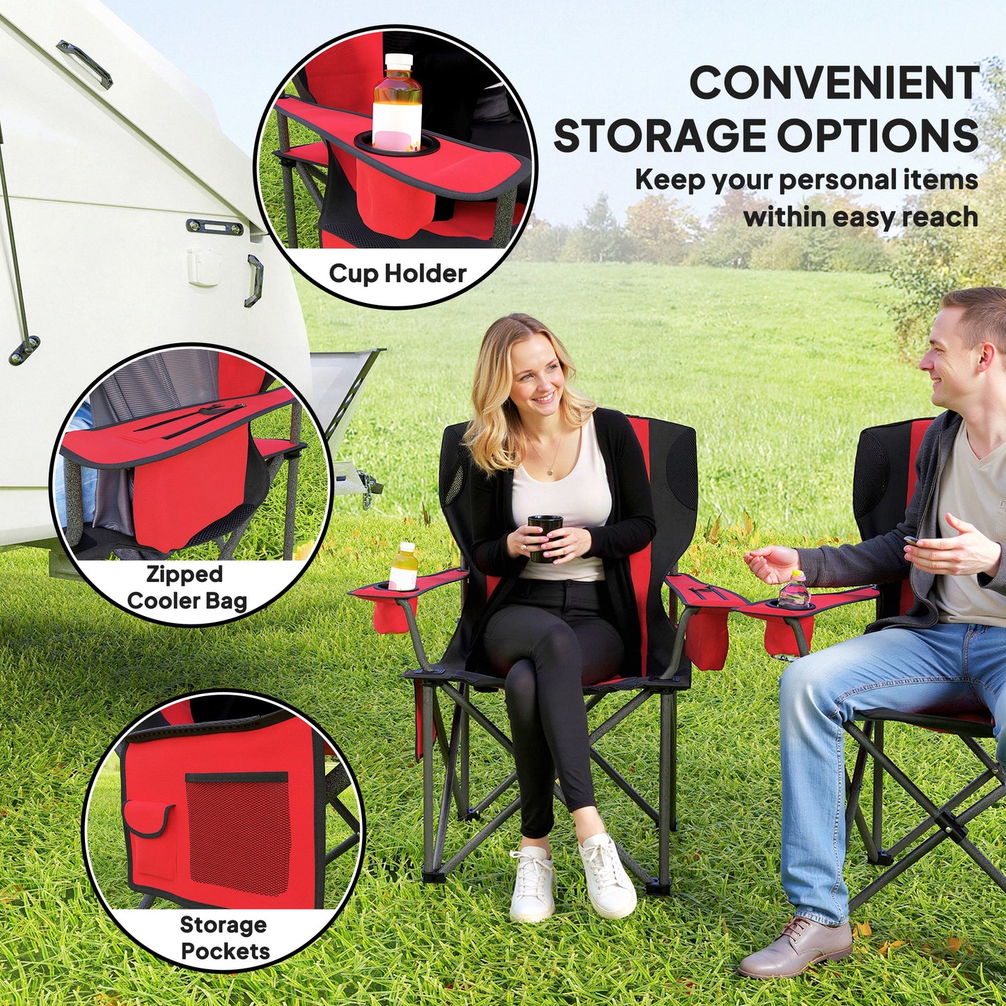 Outsunny Set of 2 Padded Folding Camping Chairs, Adjustable Armrests, Cooler Bag, Cup Holder, Side Pockets, Portable & Lightweight, Red