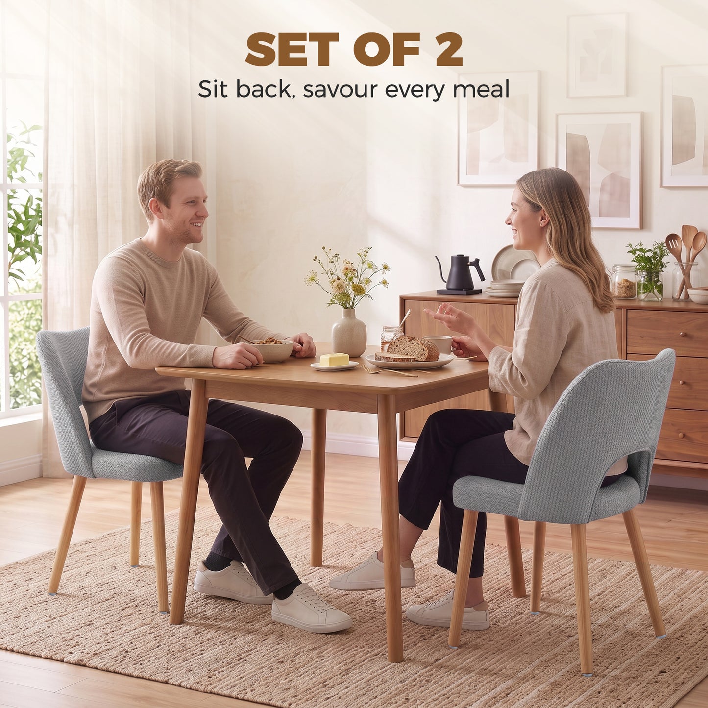 HOMCOM Dining Chairs Set Upholstered Kitchen Chenille Tool Free Assembly Rubberwood Legs, Grey
