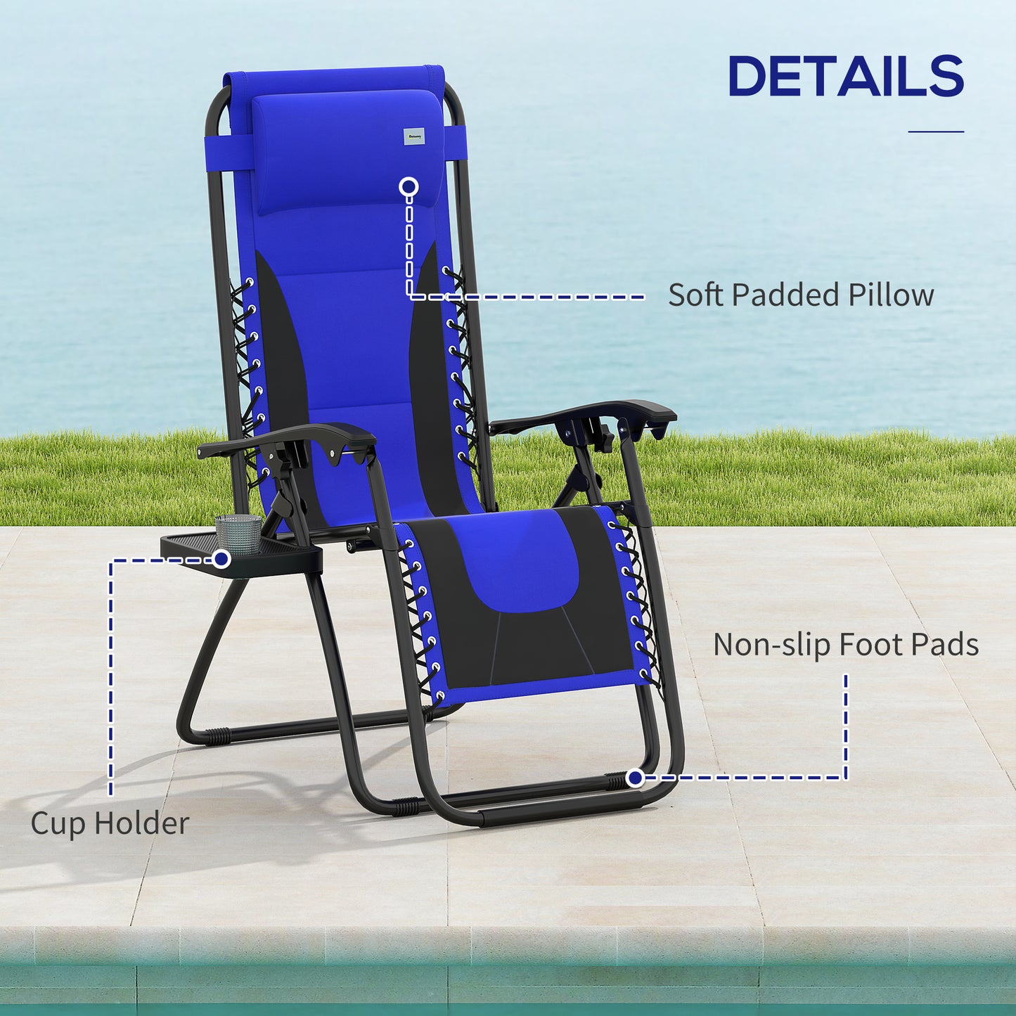 Outsunny Zero Gravity Lounger Chair, Folding Recliner with Padded Seat, Cup Holder, Cushion & Headrest for Poolside/Camping, Blue