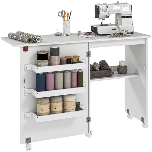HOMCOM Folding Sewing Table, Drop Leaf Design, Storage Bins & Rolling Wheels, White
