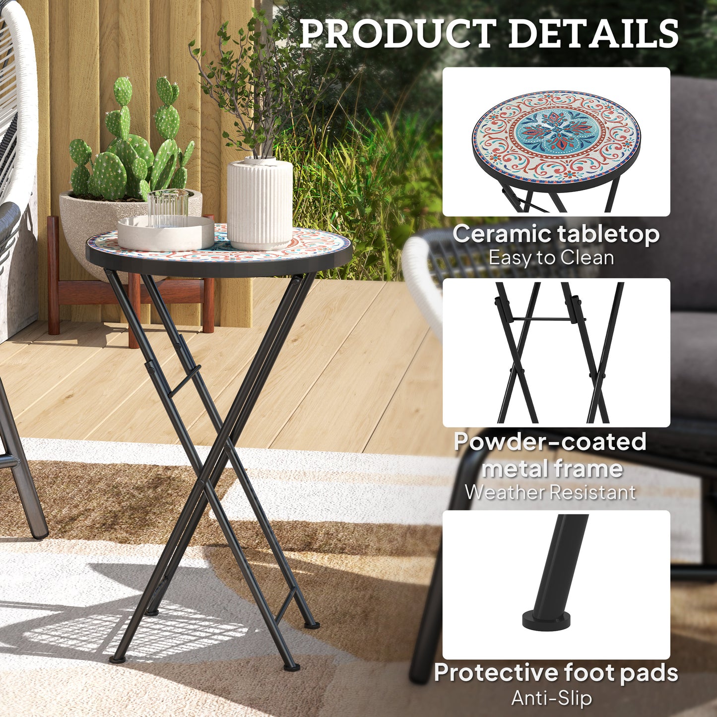 Outsunny Mosaic Garden Table, 35.5cm Round Folding Coffee Table with Metal Frame, Indoor Outdoor Table for Balcony Terrace, Multicolour