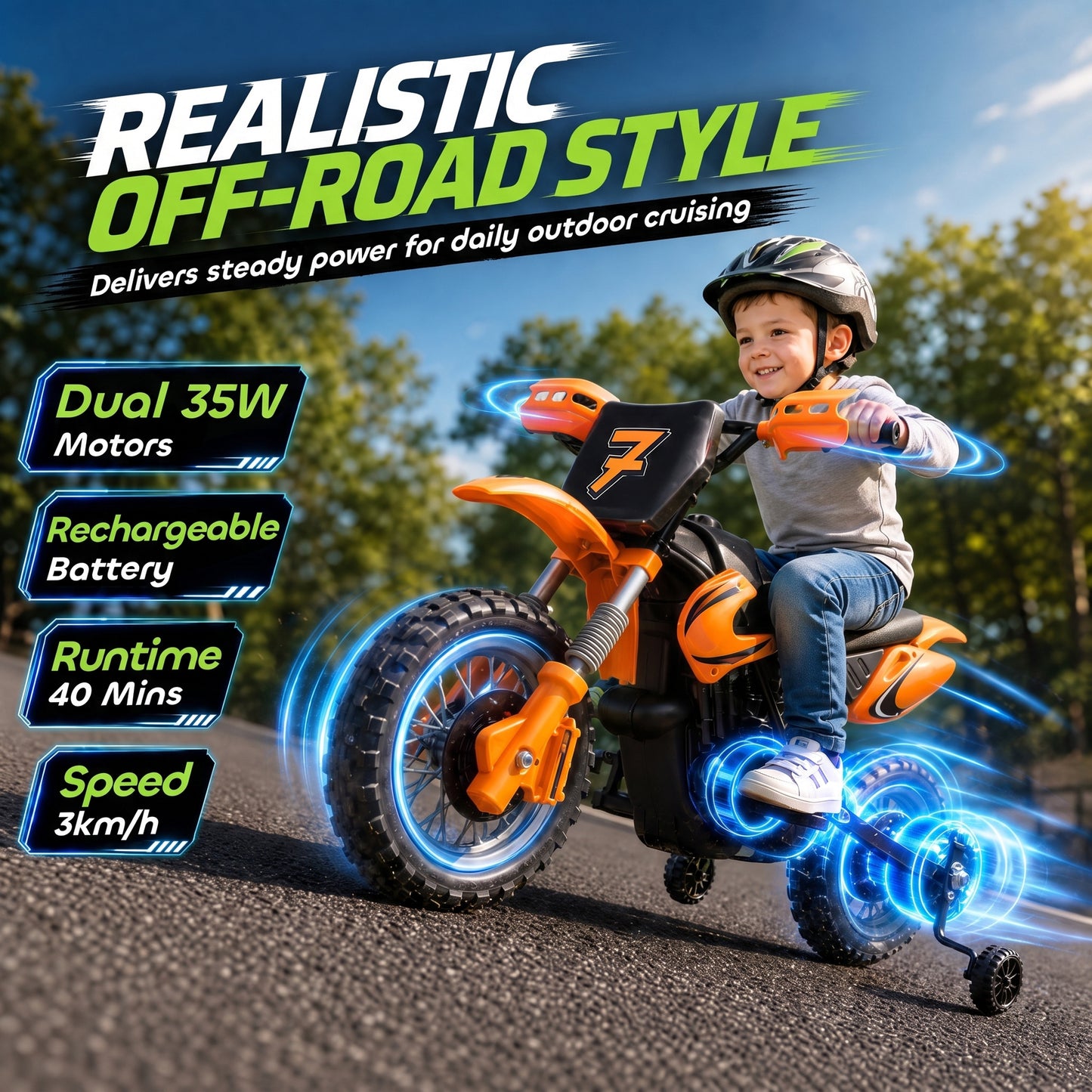 AIYAPLAY 12V Kids Electric Motorbike, Ride on Motorcycle with Dual Motors, Training Wheels, Rear Suspension for 3-6 Years, Orange