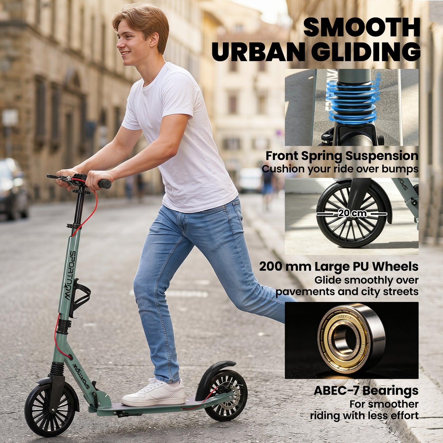 SPORTNOW Foldable Kick Scooter with Height Adjustable Handlebar, One-click Folding Adult Scooters with 200 mm Big Wheels, Silver