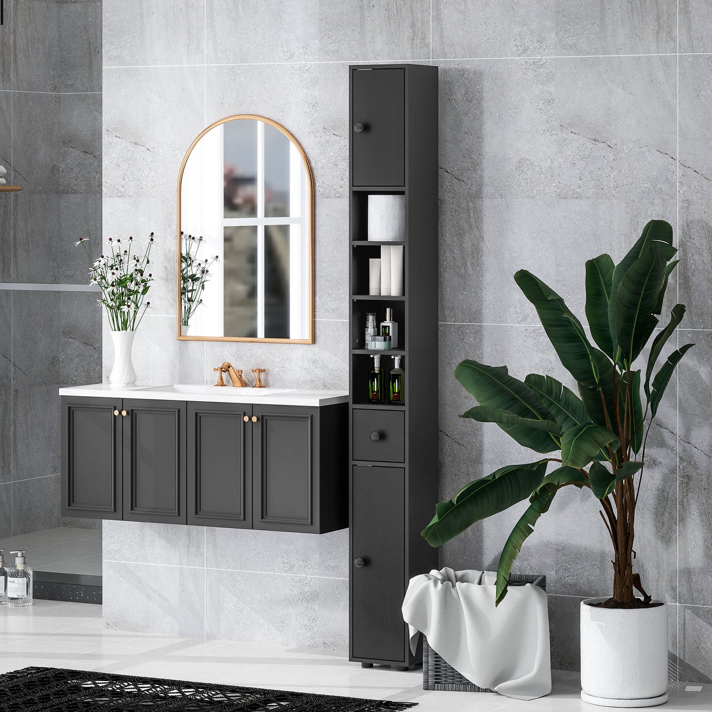 kleankin 180cm Slim Bathroom Cabinet, with Drawer, Shelves and Cupboards - Black