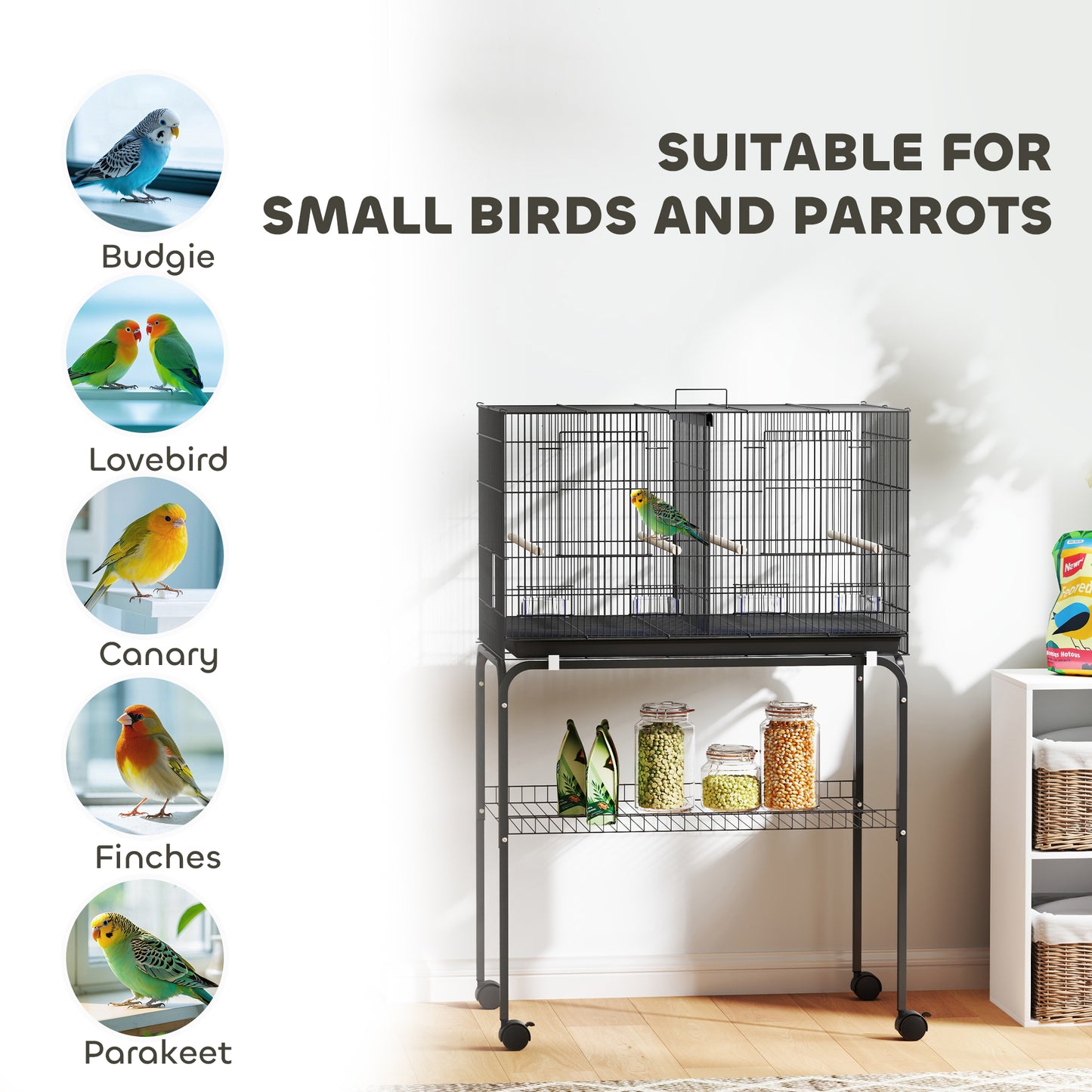 PawHut Bird Cage with Divider, 4 Wooden Perches, Slide Out Tray, 4 Feeders, for Budgie, Lovebird, Canary, 76 x 46 x 116cm Black