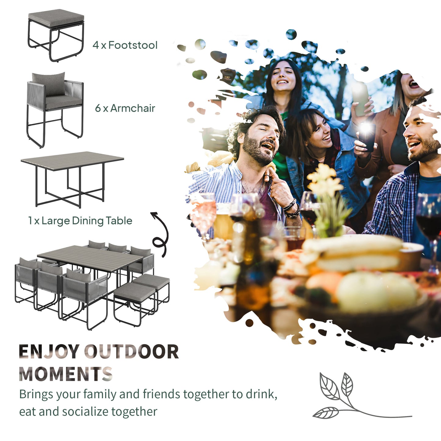 Outsunny Rattan Cube Garden Dining Set, 10 Seater with Cushions, 6 Armchairs, 4 Stools, Rectangular Table, Wood Grain Top, Grey