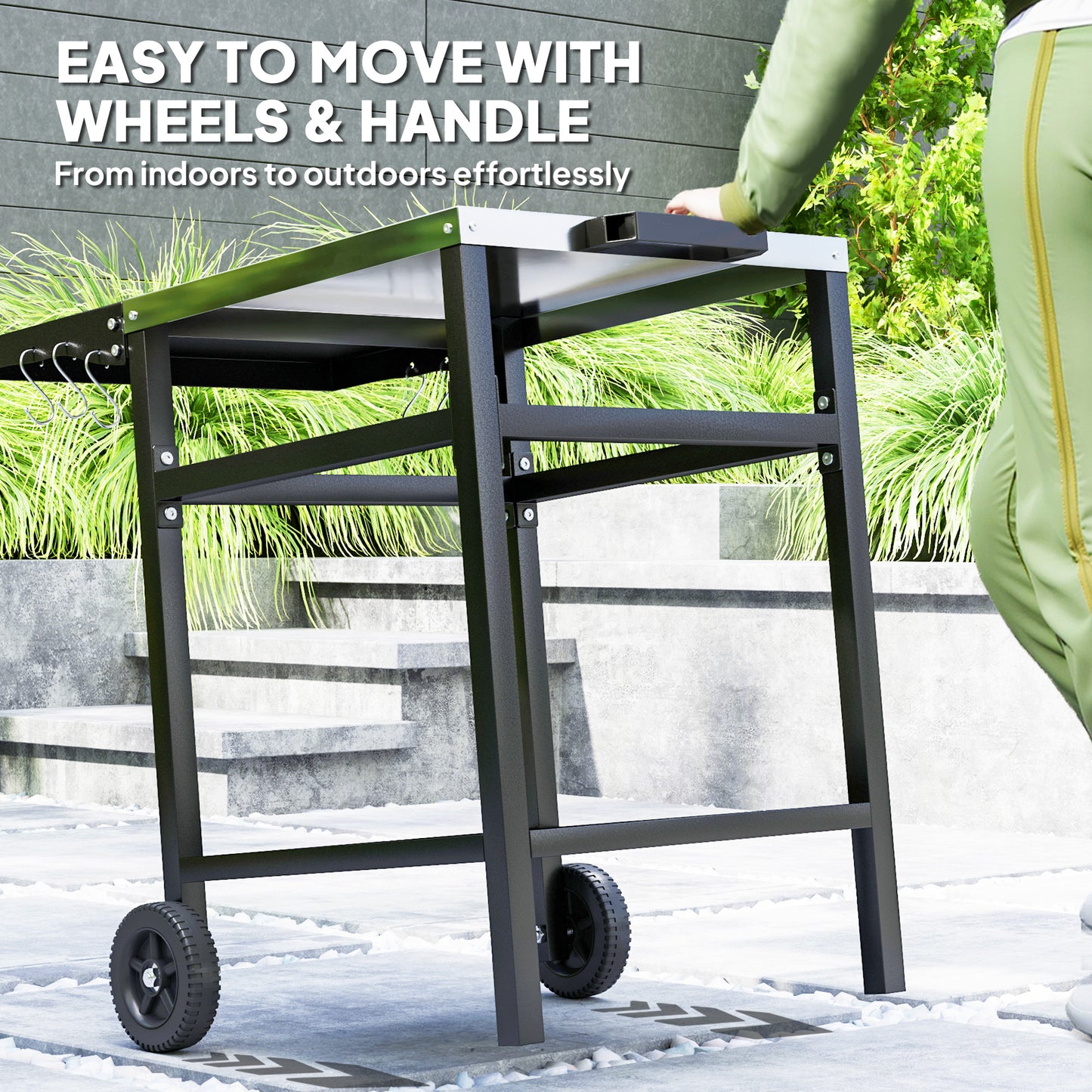 Outsunny BBQ Trolley with Stainless Steel Top, Foldable Side Table, Hooks, Shelf, Pizza Oven Table, Movable Grill Cart with Cover, Black