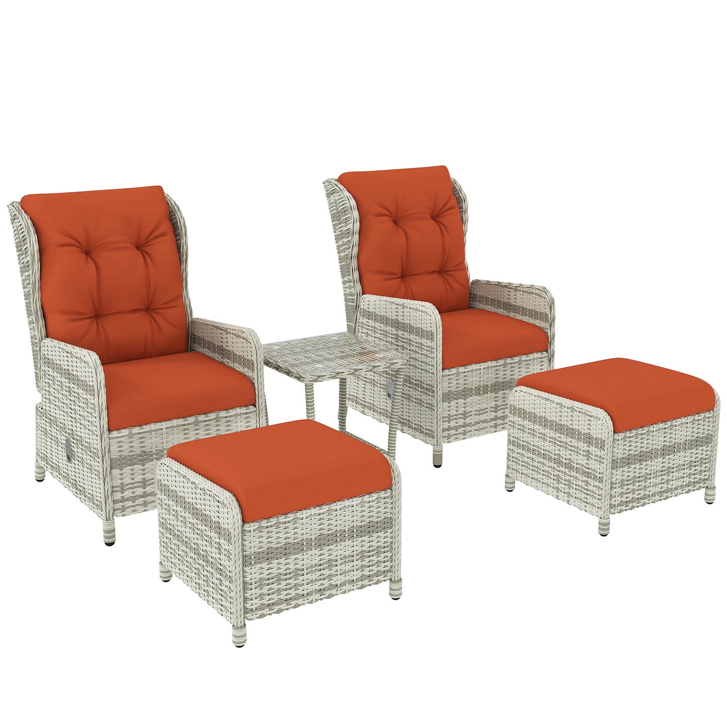 Outsunny 5-Piece Rattan Bistro Set: Reclining Chairs, Cushions, Glass Table, Footstools - Orange