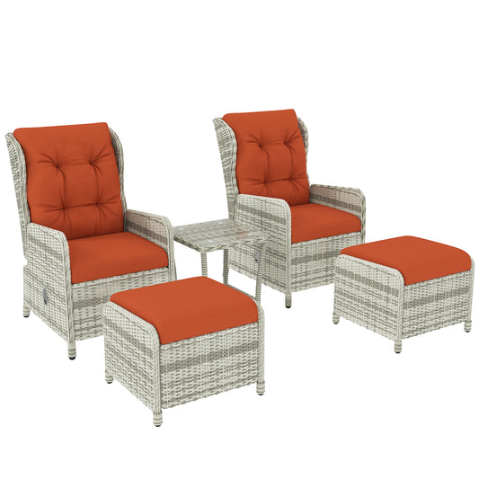 Outsunny 5-Piece Rattan Bistro Set: Reclining Chairs, Cushions, Glass Table, Footstools - Orange