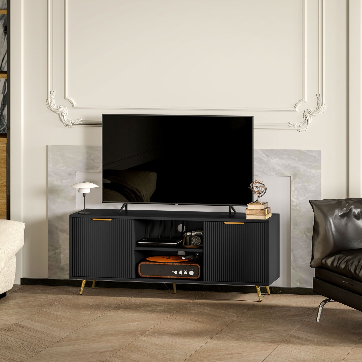 HOMCOM Modern TV Stand for TVs up to 55", 2 Cabinets, Cable Management, Black