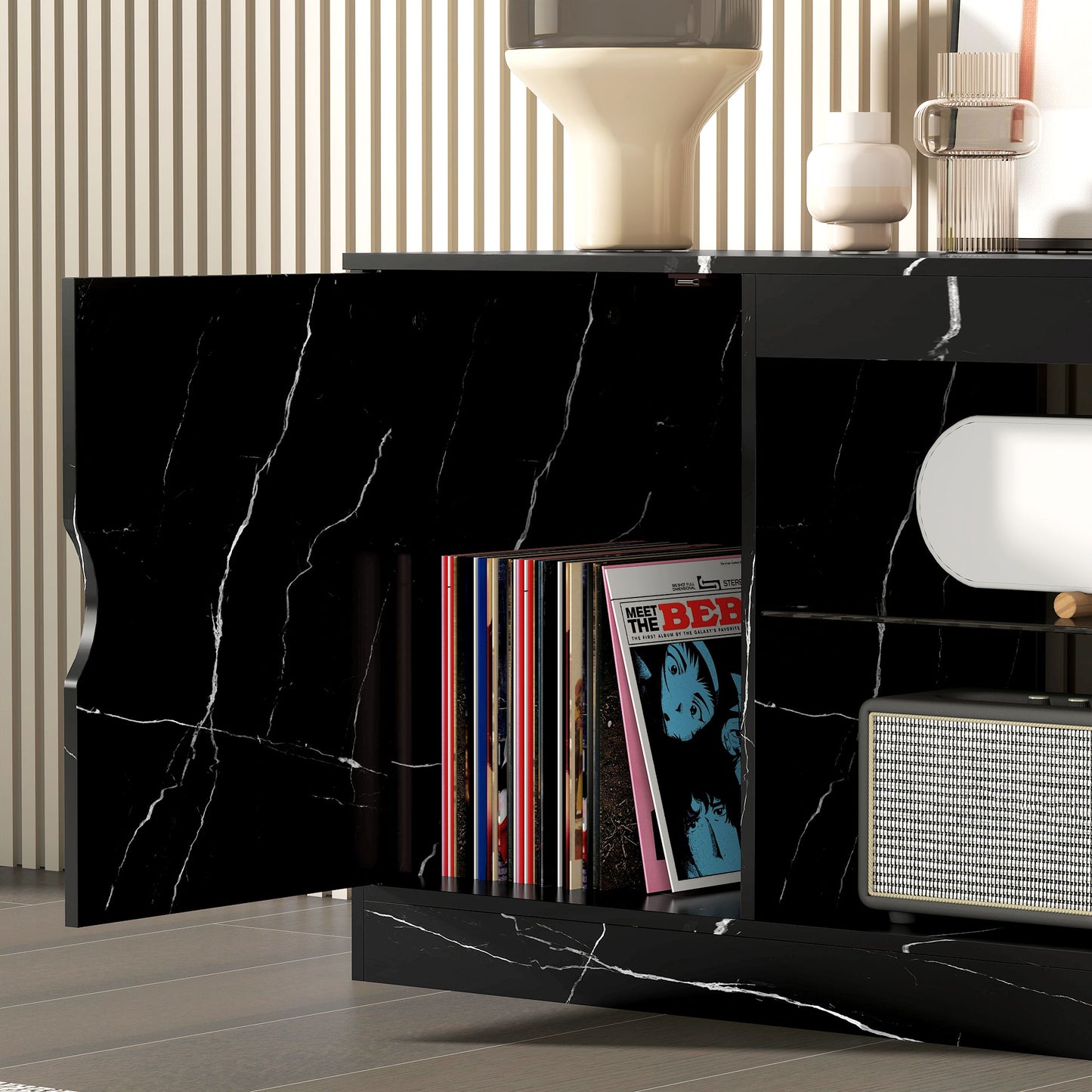 HOMCOM TV Stand Cabinet, Marble Effect, Glass Shelf & Storage for up to 55" TVs, Entertainment Unit for Living Room/Bedroom, Black