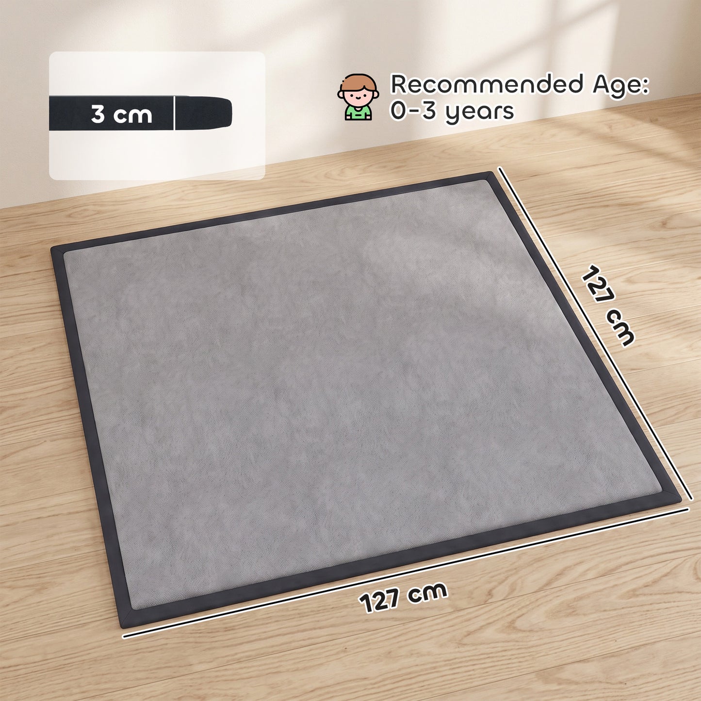 AIYAPLAY Baby Play Mat, 3CM Thick Foam Playmat Rug, Soft Flannel, Non-Slip, Water Resistant, Easy Care, 127 x 127 cm, Dark Grey