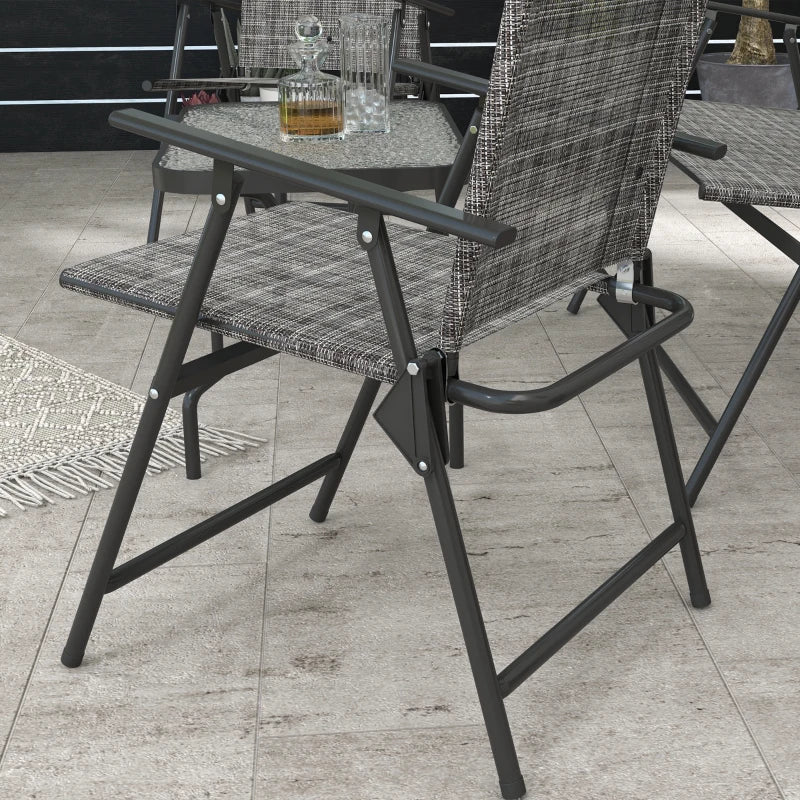 Outsunny Outdoor 4 Pieces Patio Furniture Set with Breathable Mesh Fabric Seat & Backrest, Garden Set with Two Foldable Armchairs, a Loveseat & Glass Top Table, Mixed Grey
