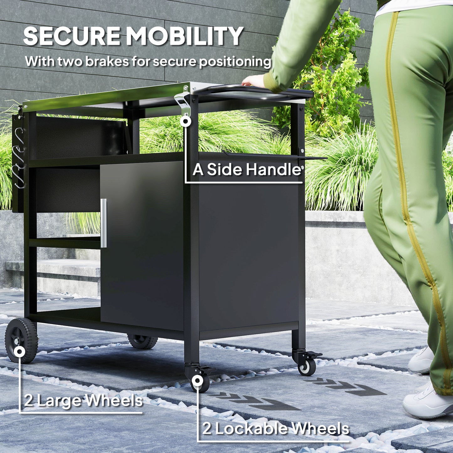 Outsunny Outdoor BBQ Trolley, Stainless Steel Top, Foldable Side Table, Wheels, Hooks, Shelves, Cabinet, Pizza Oven Table, Cover, Black