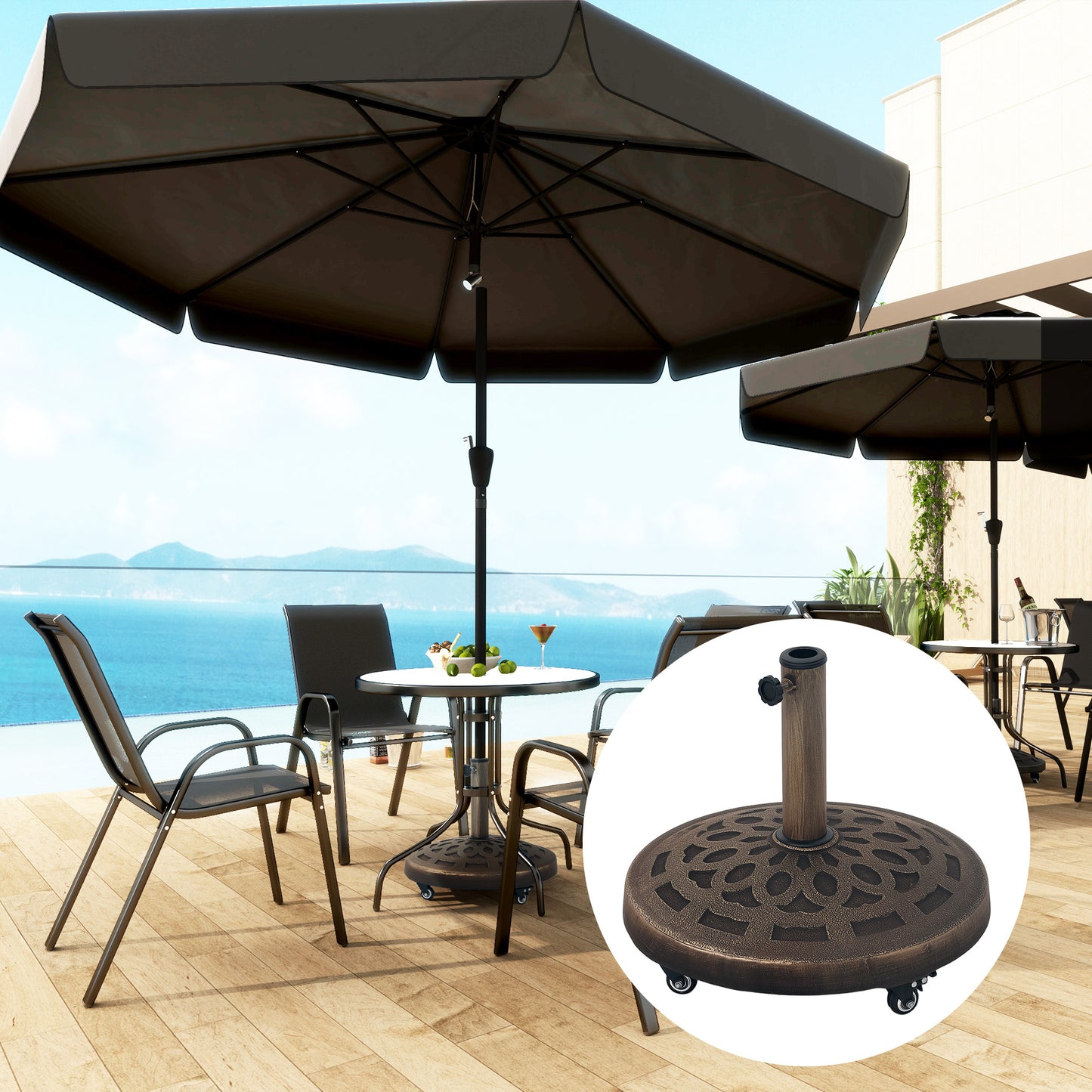 Outsunny 21kg Resin Parasol Base with Wheels, Heavy Duty Bronze Tone Stand for 34-48 mm Poles