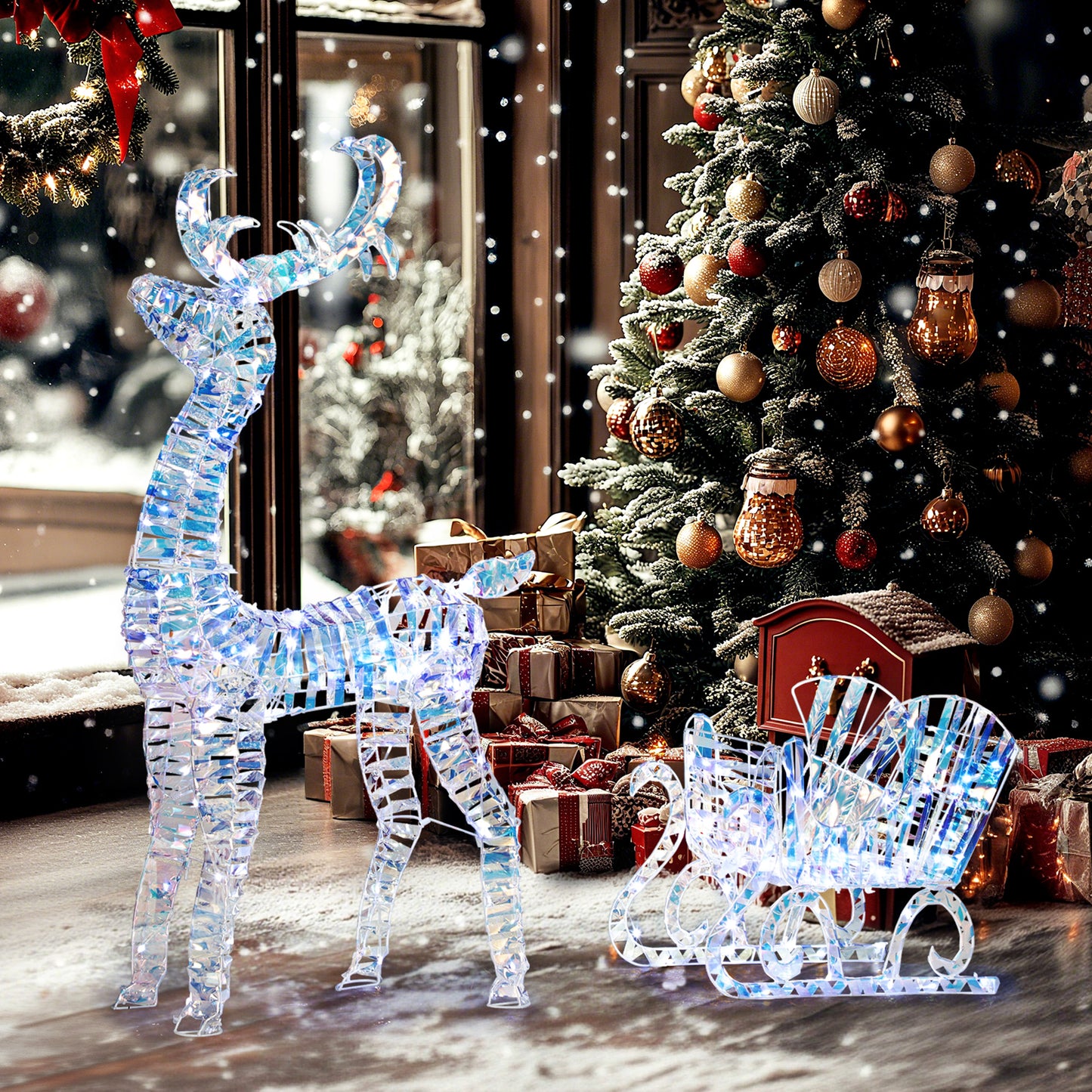 Outsunny Lighted Christmas Reindeer with Sleigh, Outdoor Yard Reindeer with 170 Warm White LED Lights, Holiday Decor with Stakes, Waterproof, Silver